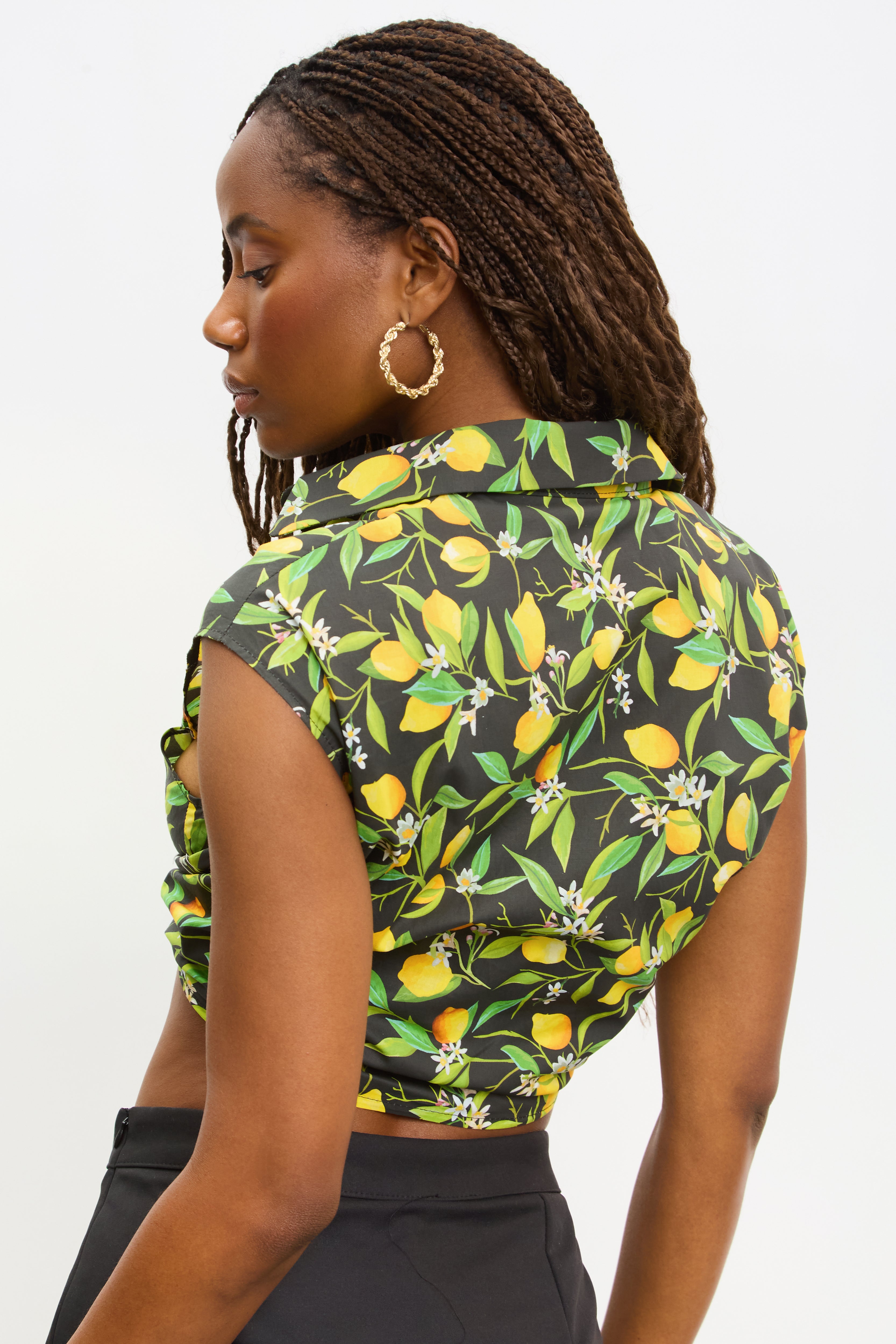 Black lemon print plunging tie front shirt_2