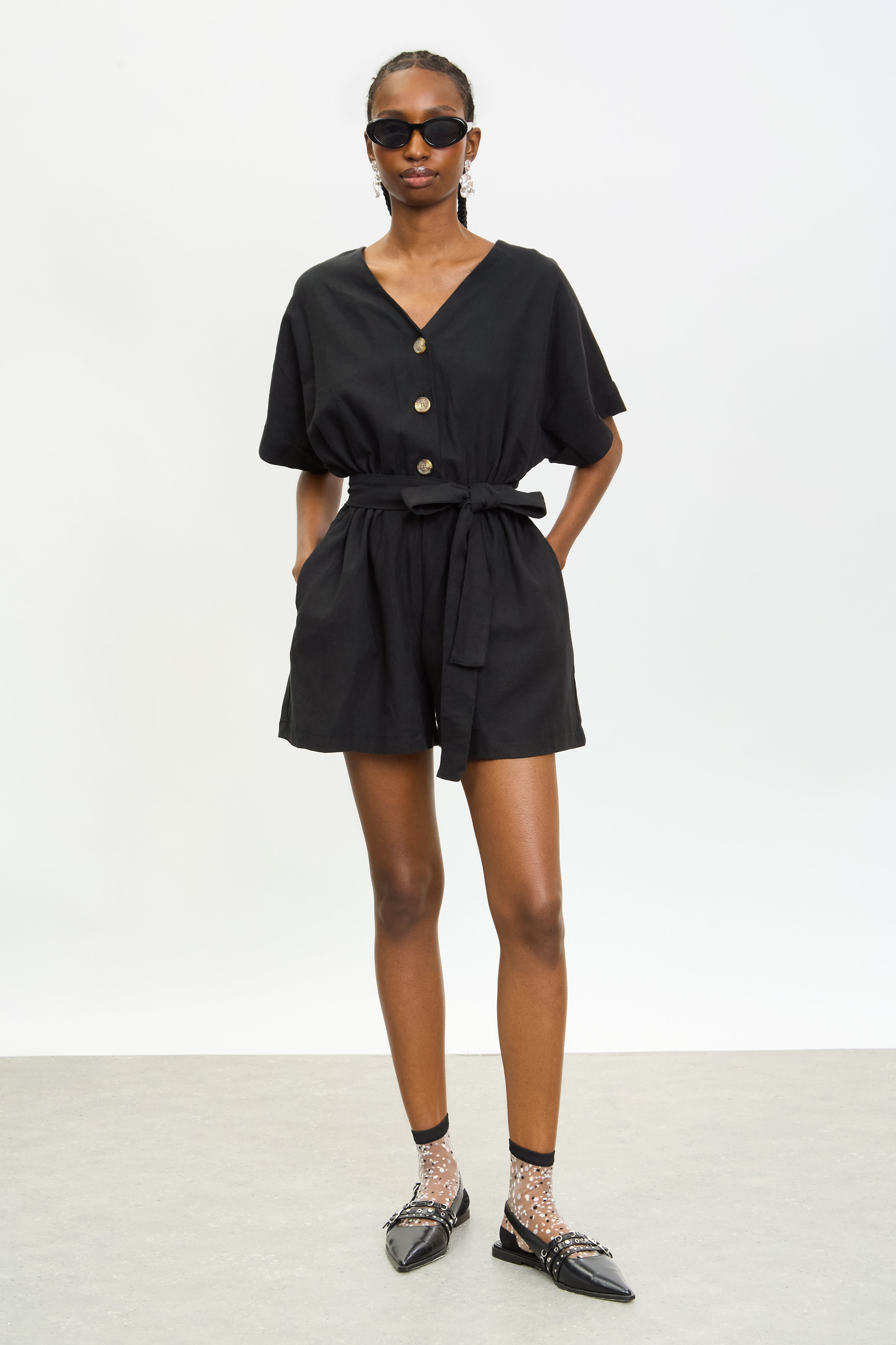 Black linen blend button front tie waist romper_2