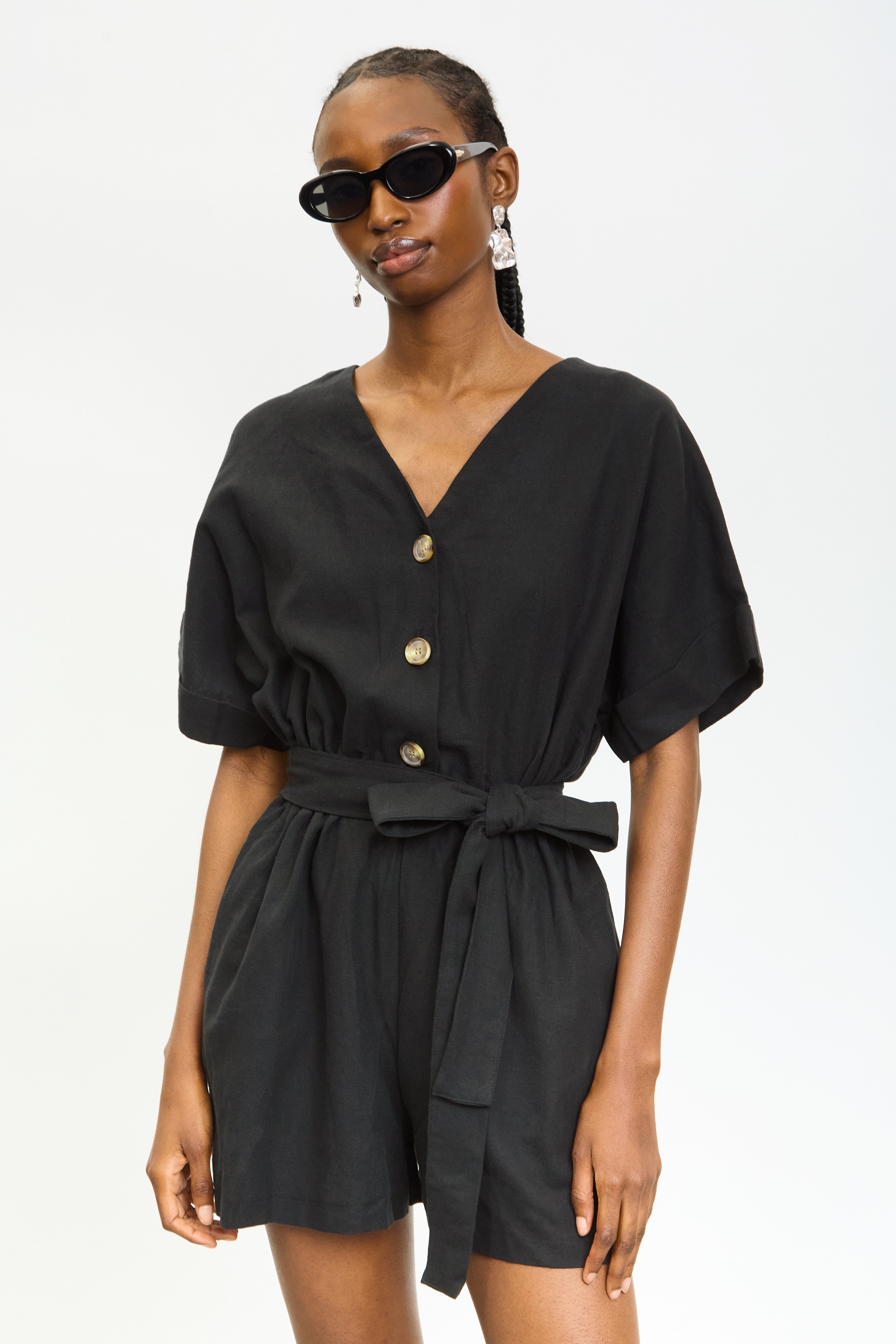 Black linen blend button front tie waist romper_4