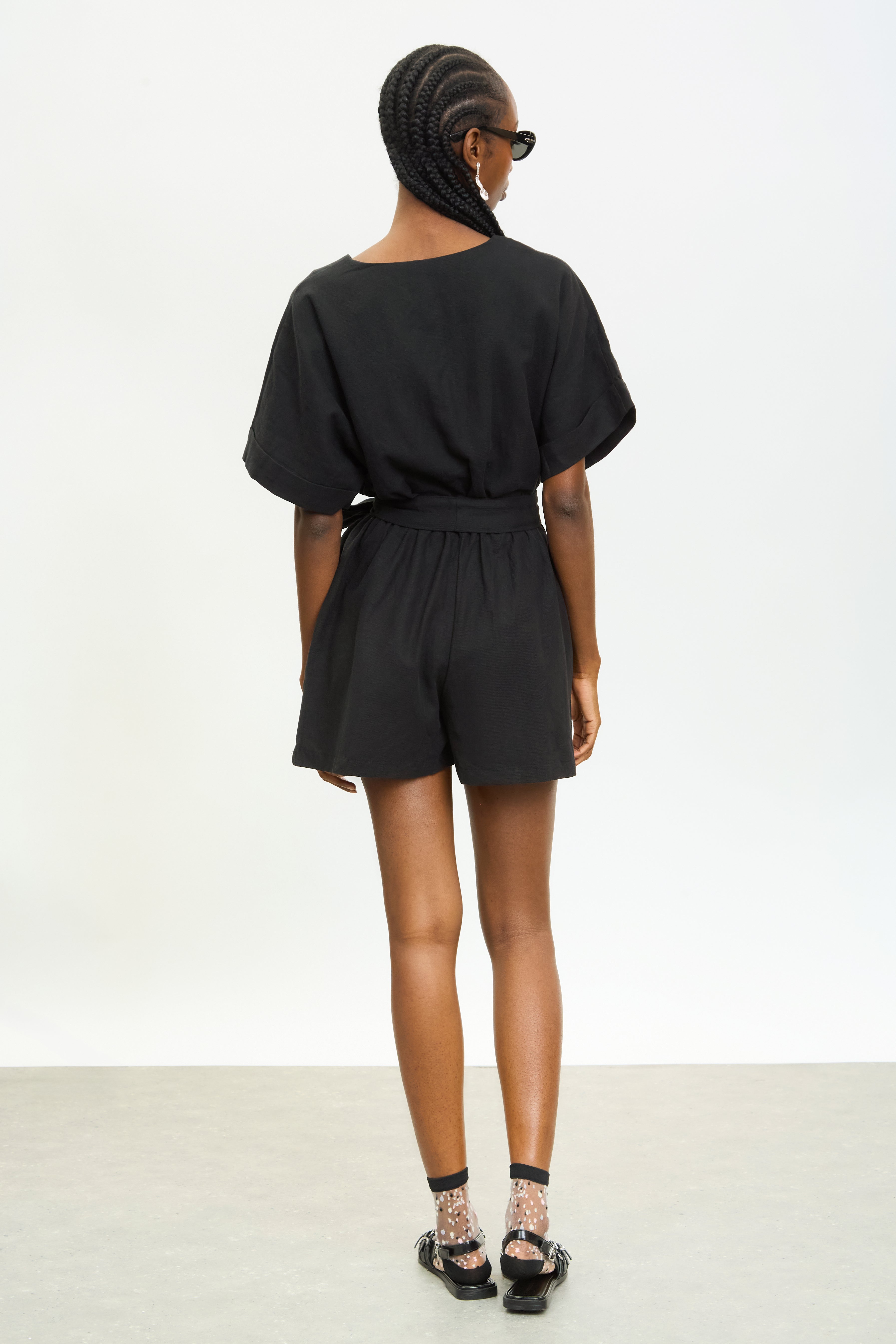 Black linen blend button front tie waist romper_3