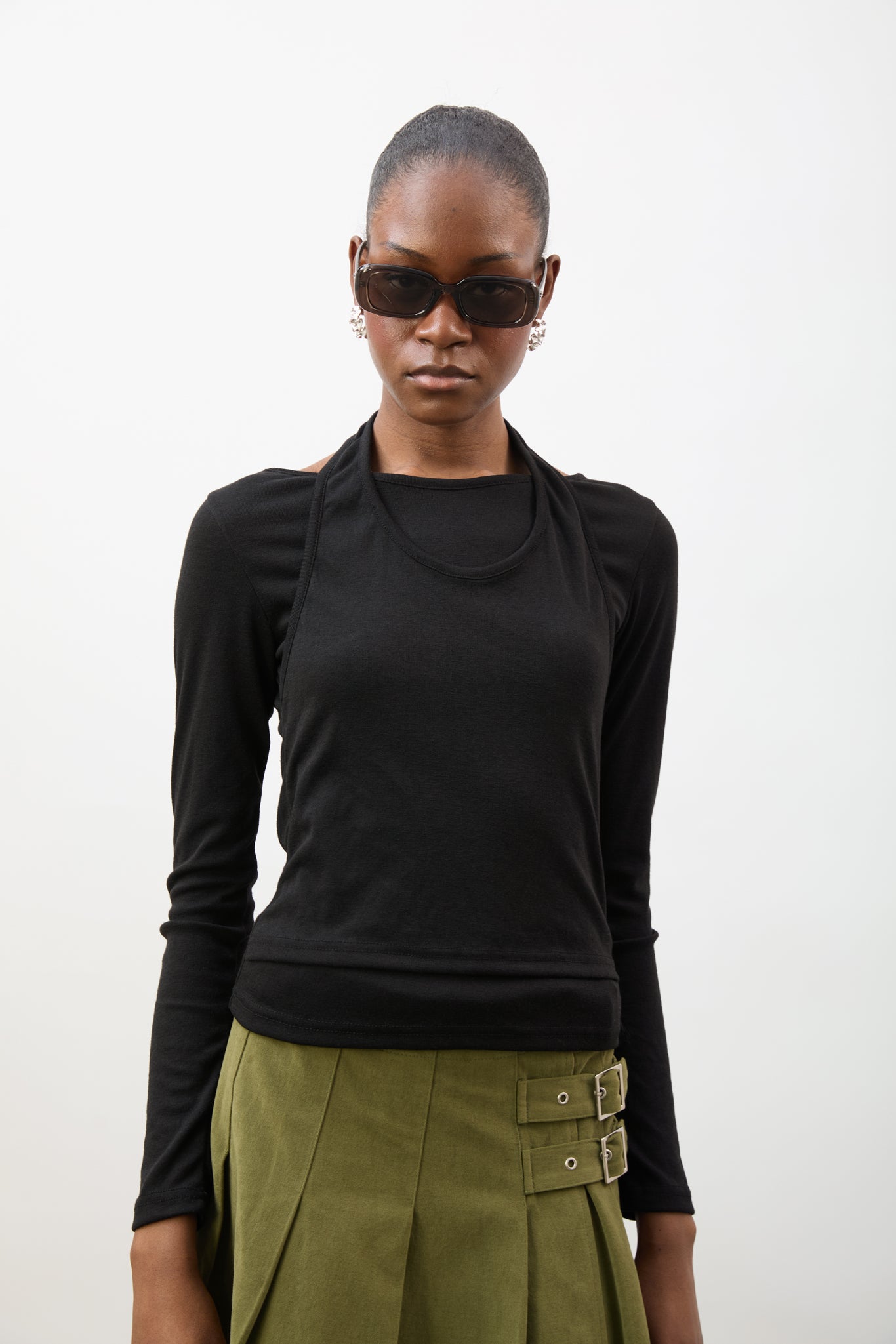 Black marl layered halter neck long sleeve top_1
