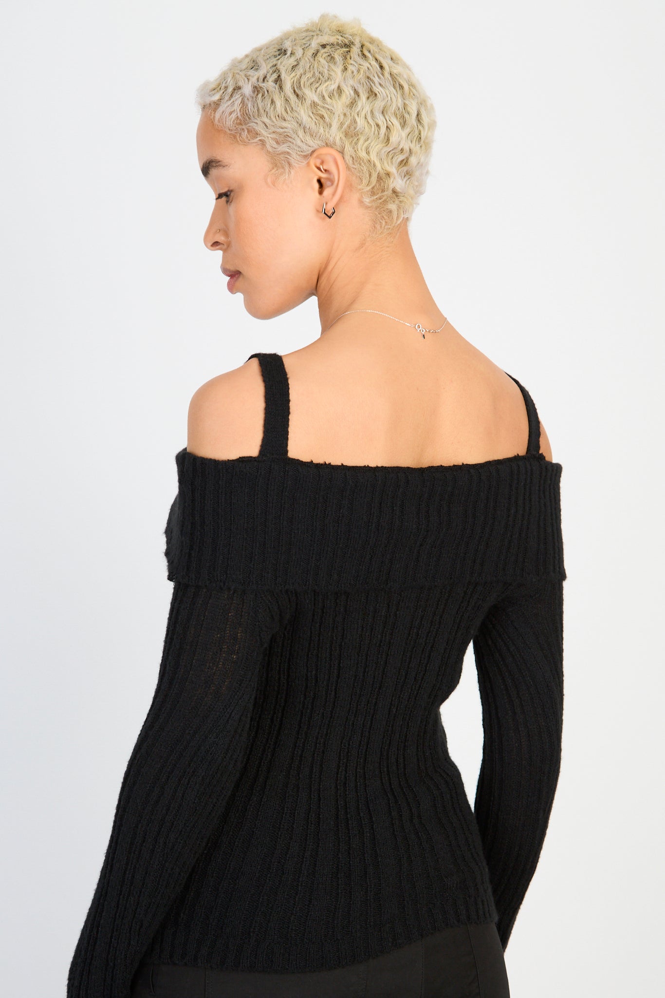Black mix rib strapped off shoulder knit top_2