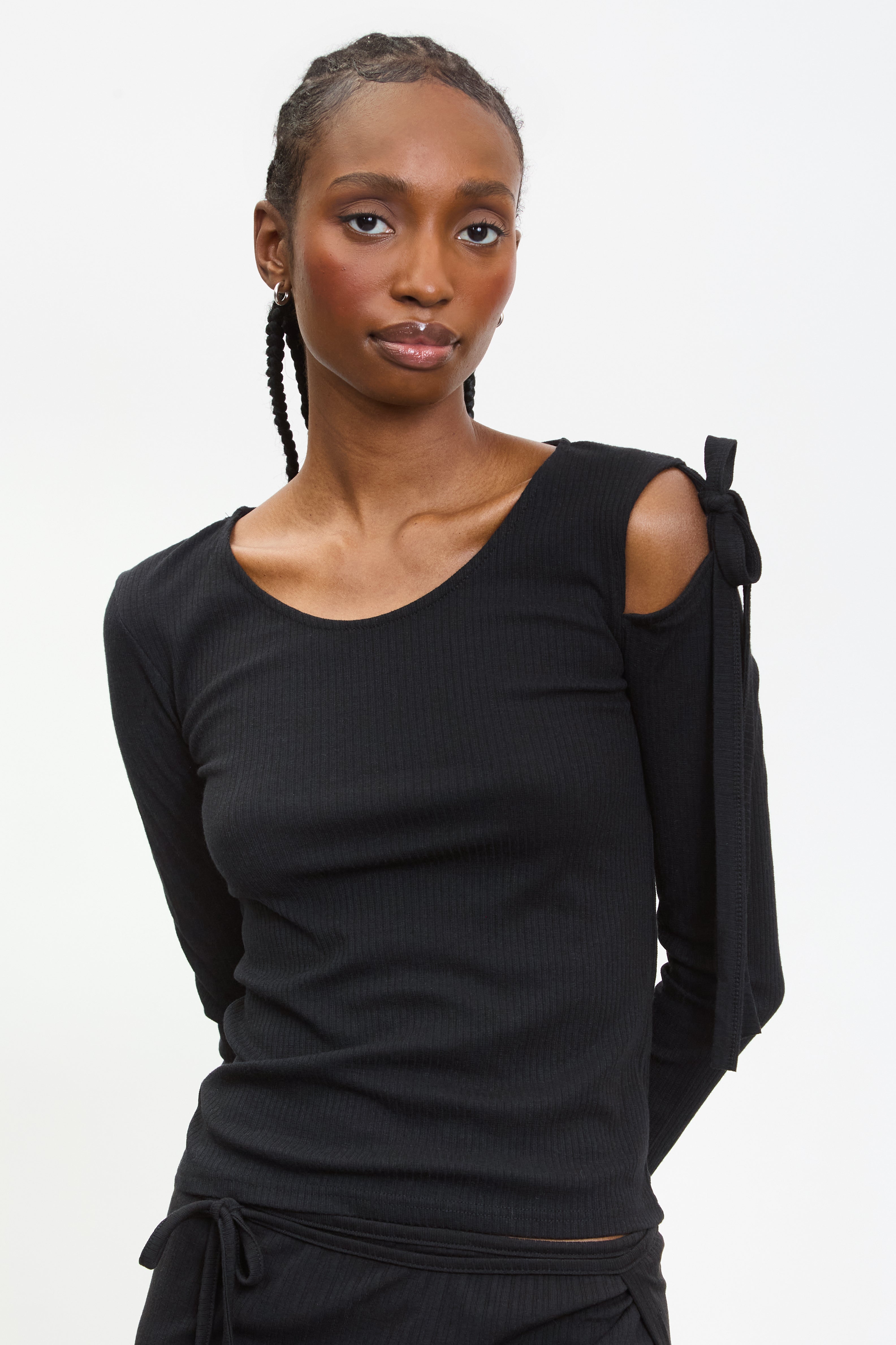 Black peek shoulder long sleeve top_1