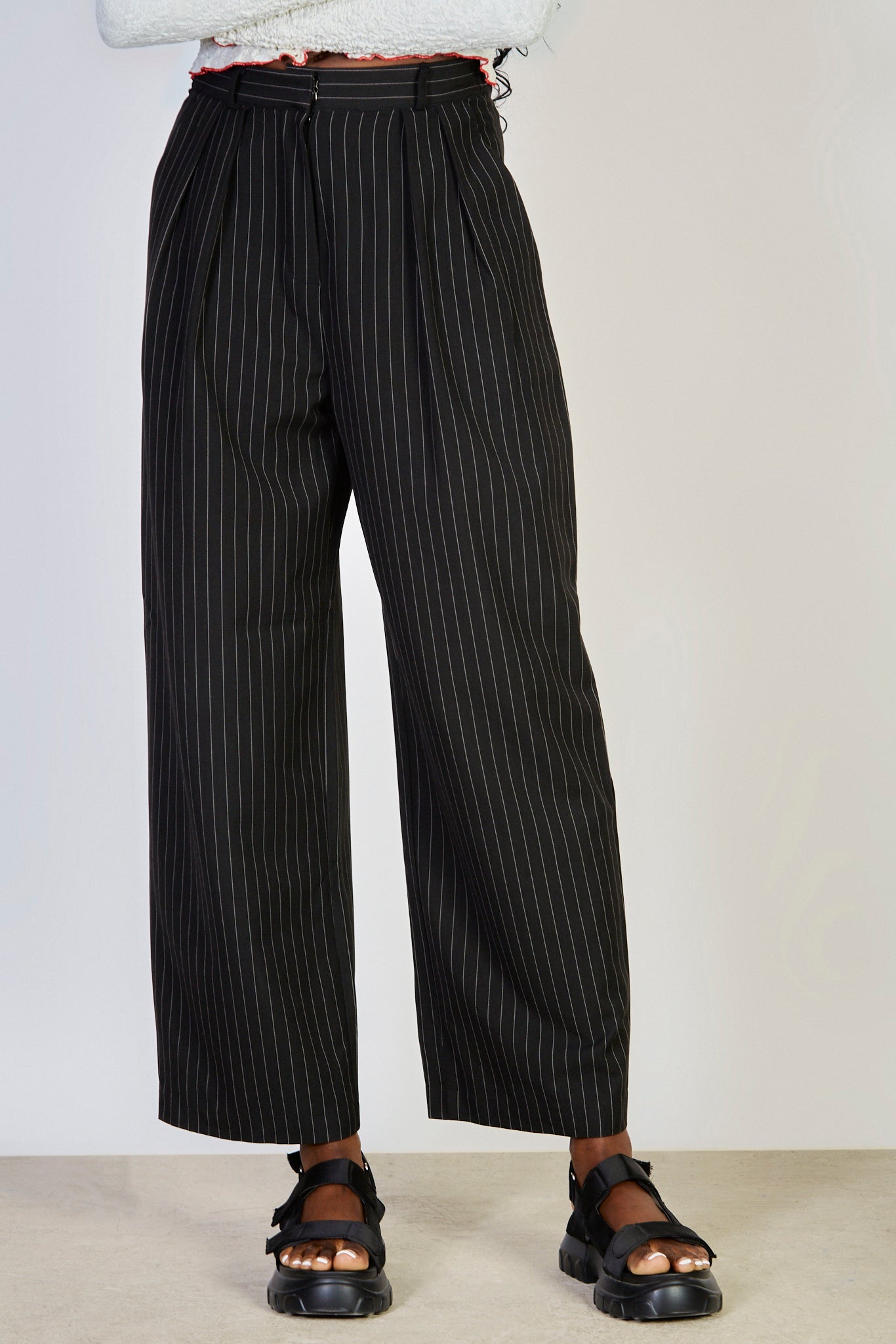 Black pinstriped smart tailored trousers_1