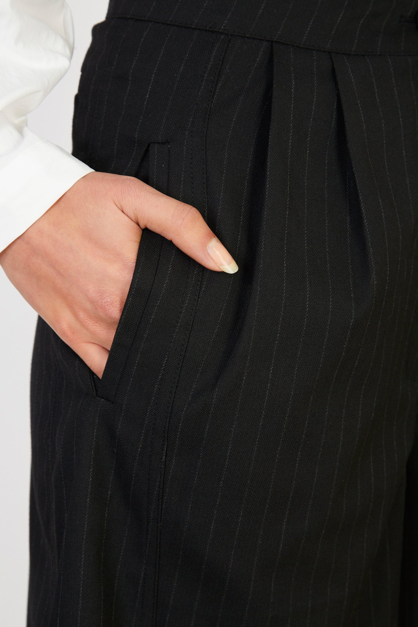 Black pinstriped tailored shorts_3