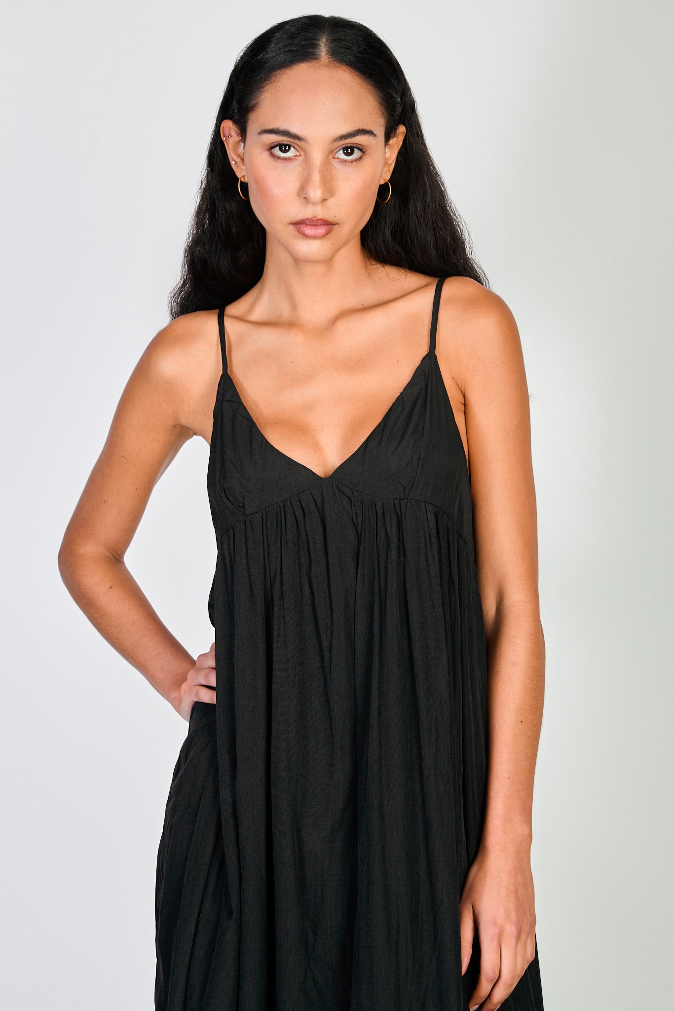 Black plunging neck spaghetti strap dress_4