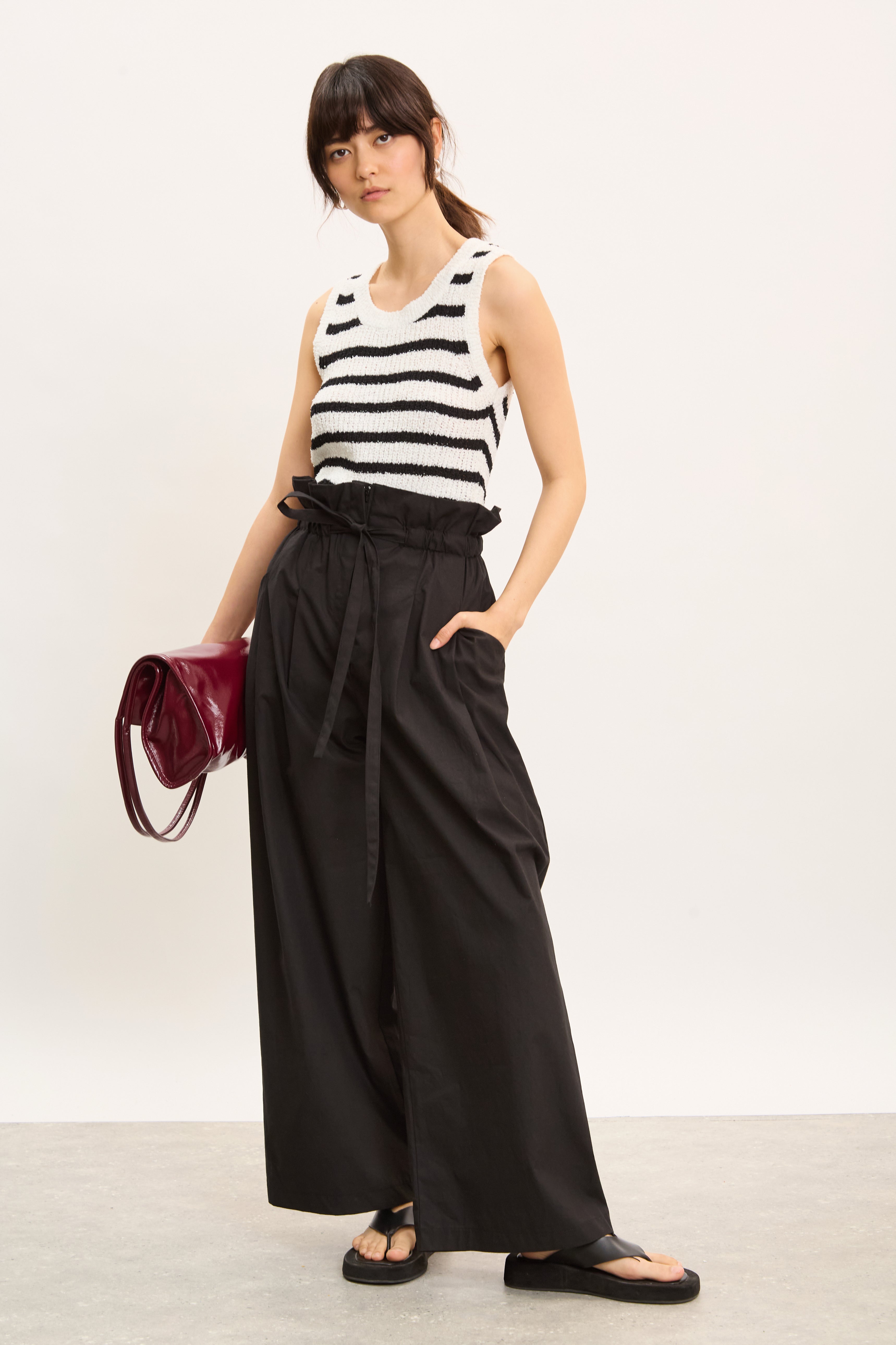 Black pure cotton paper bag waist trousers_4