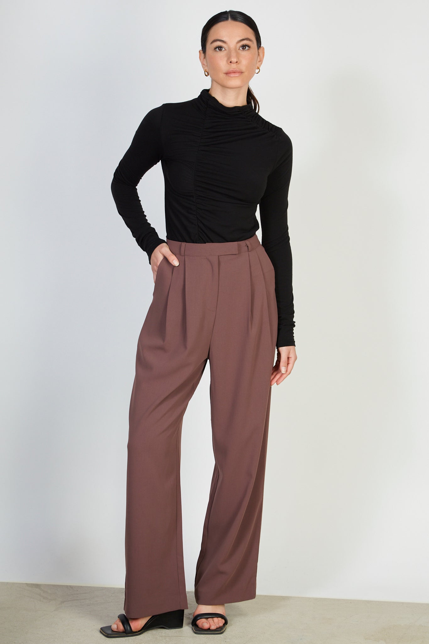 Black ruched front funnel neck top_4