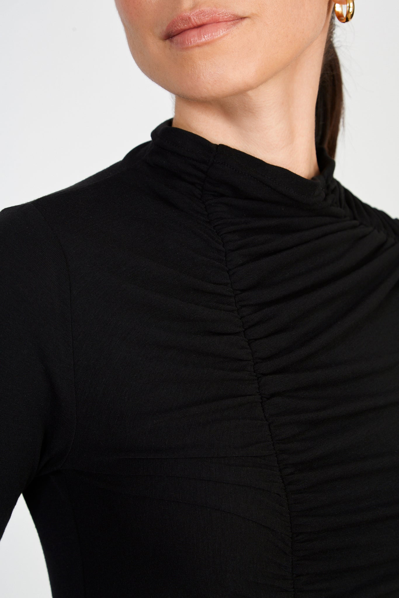 Black ruched front funnel neck top_3