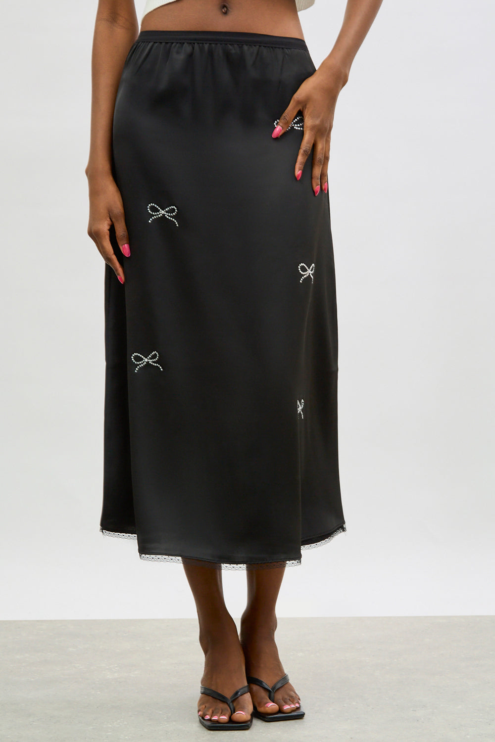 Black satin diamante bow midi skirt_1