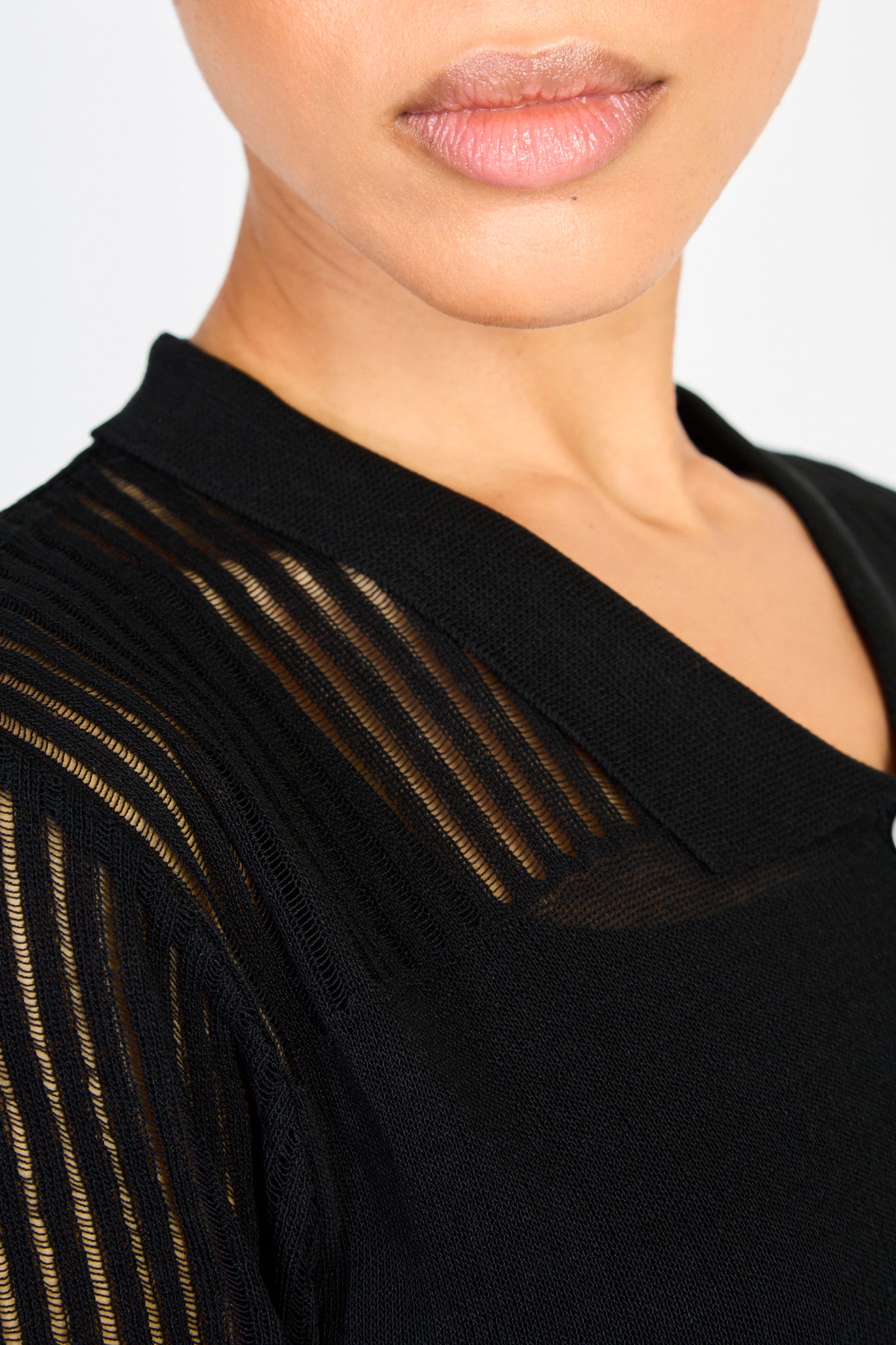 Black semi sheer block stripe knit tee_3