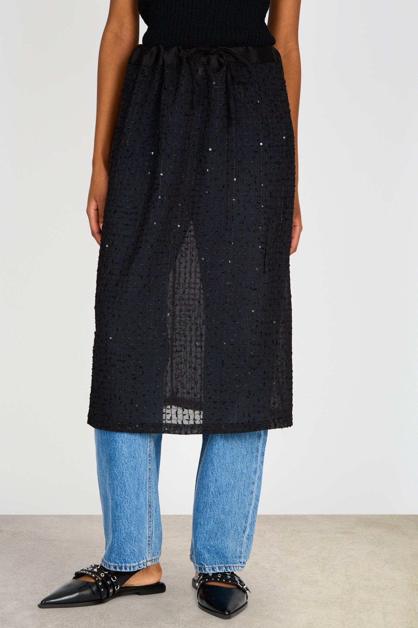 Black semi sheer sequinned mini skirt_1