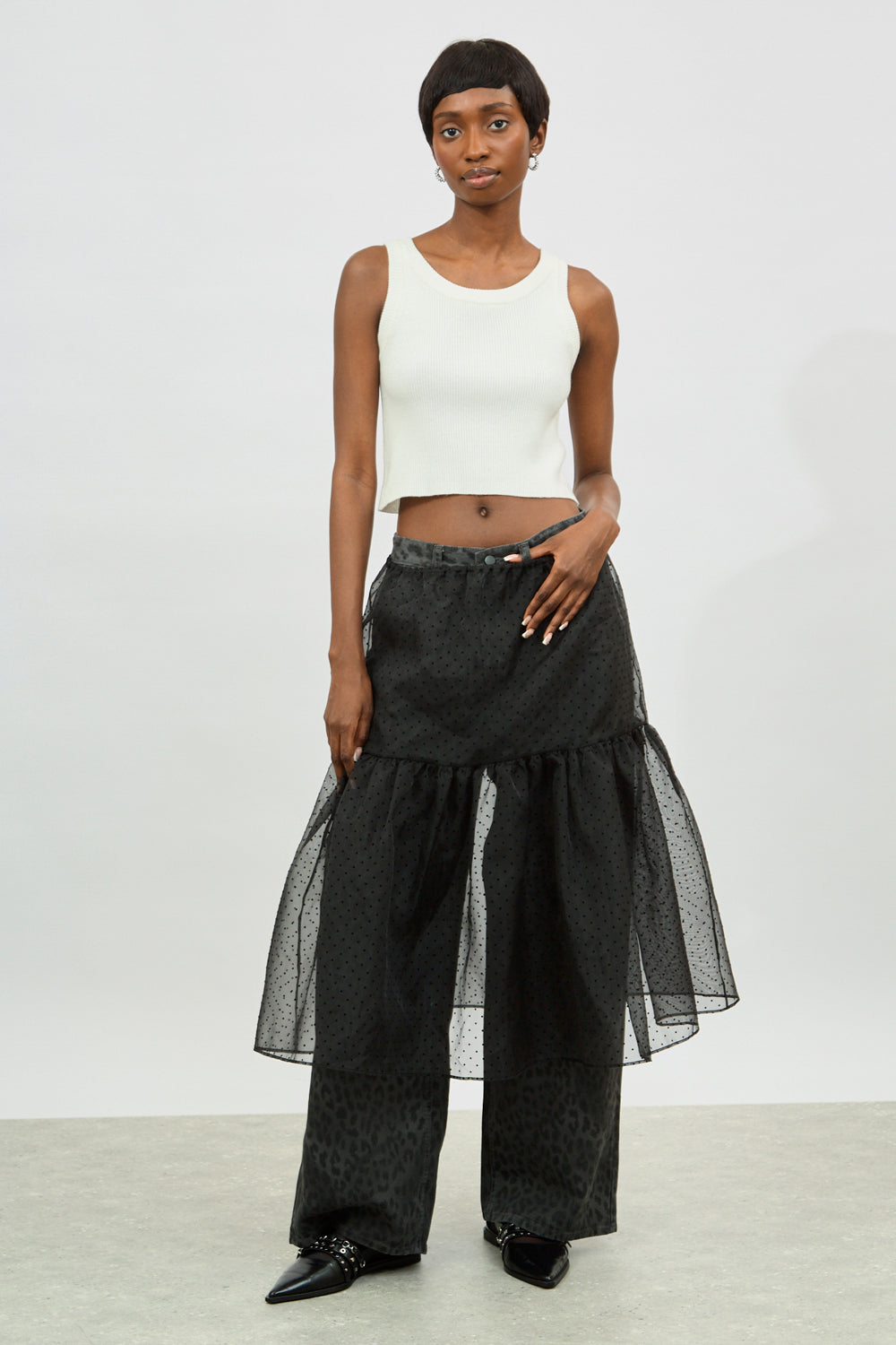 Black sheer polka dot tiered skirt_4