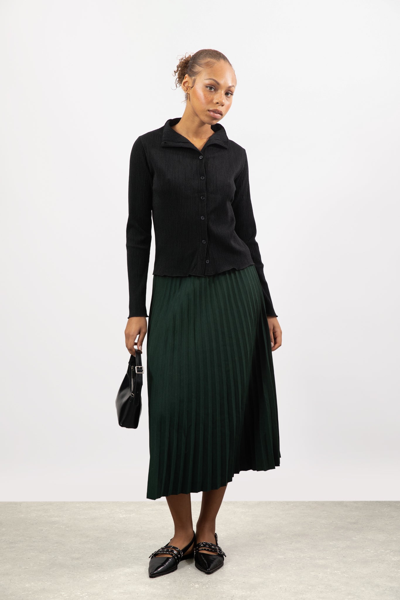 Black textured button up mock neck top_4