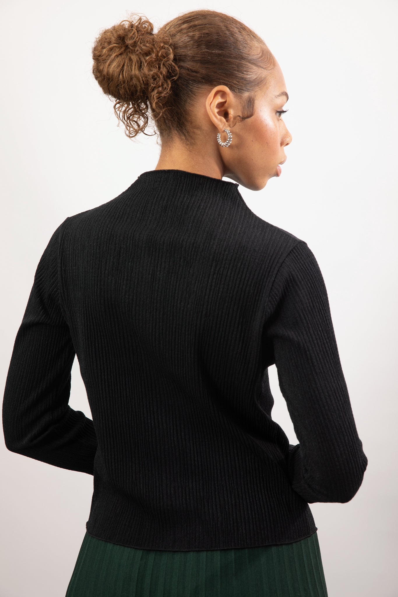 Black textured button up mock neck top_2