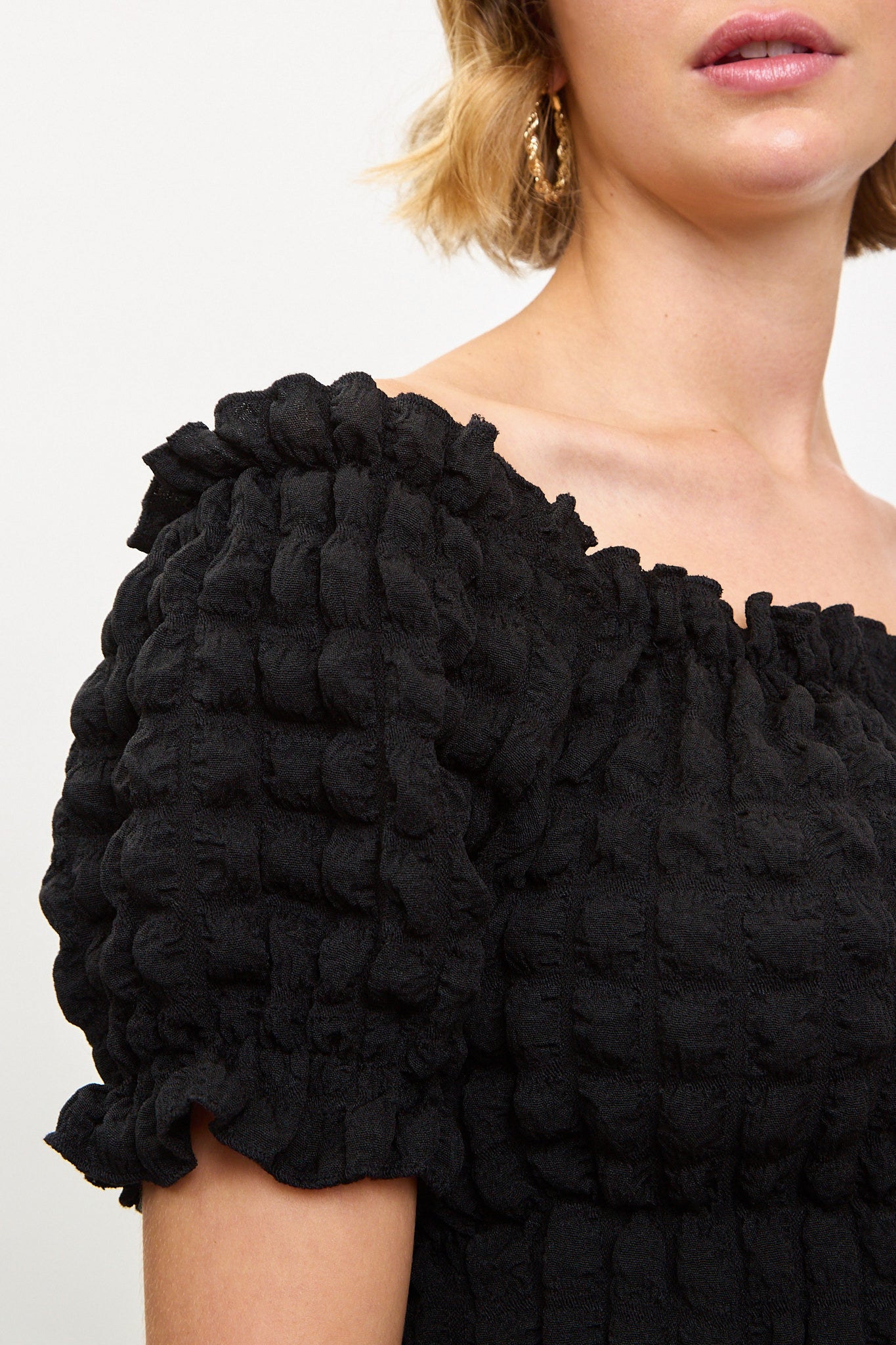 Black textured puff off shoulder top_3