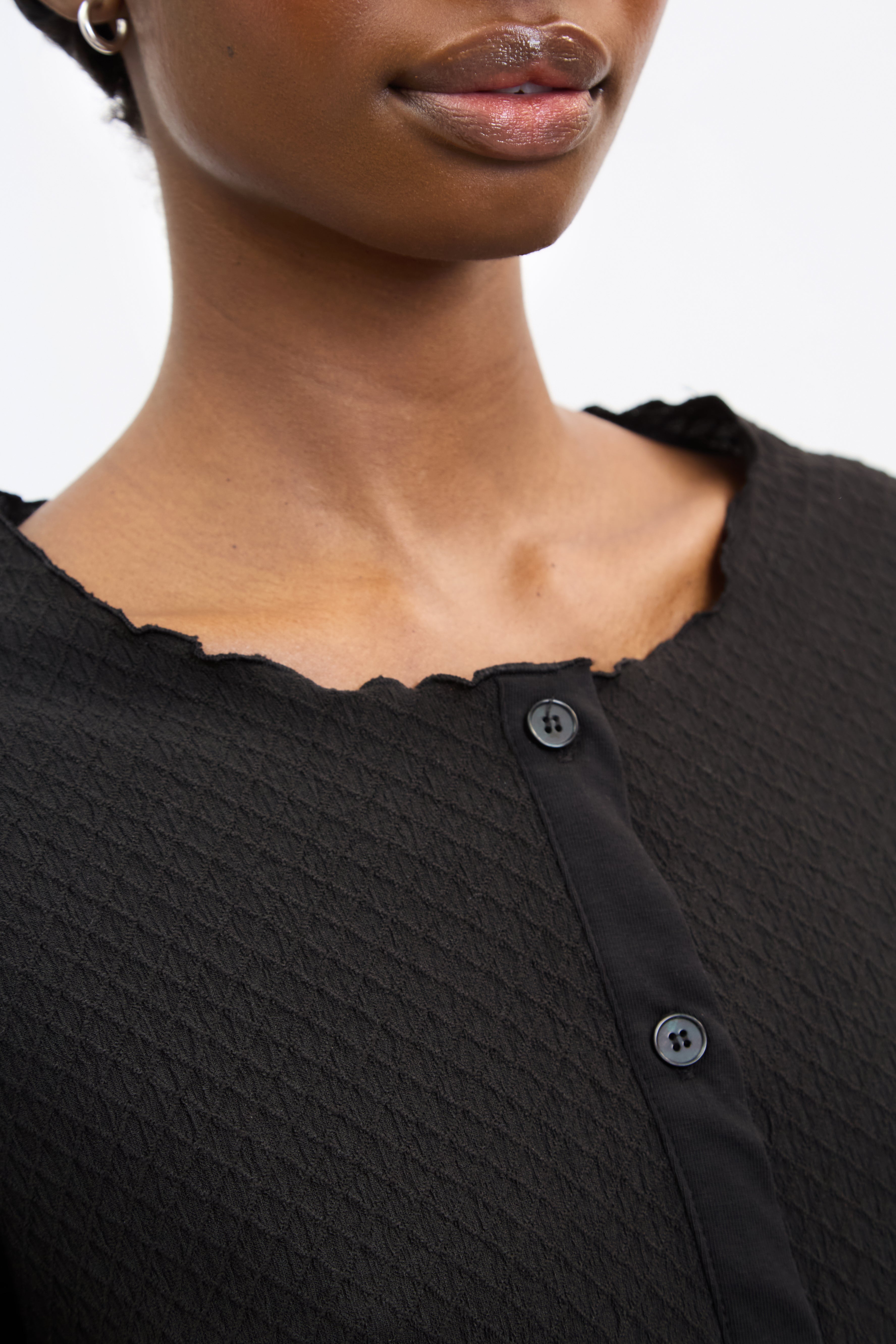 Black textured round neck button front top_3