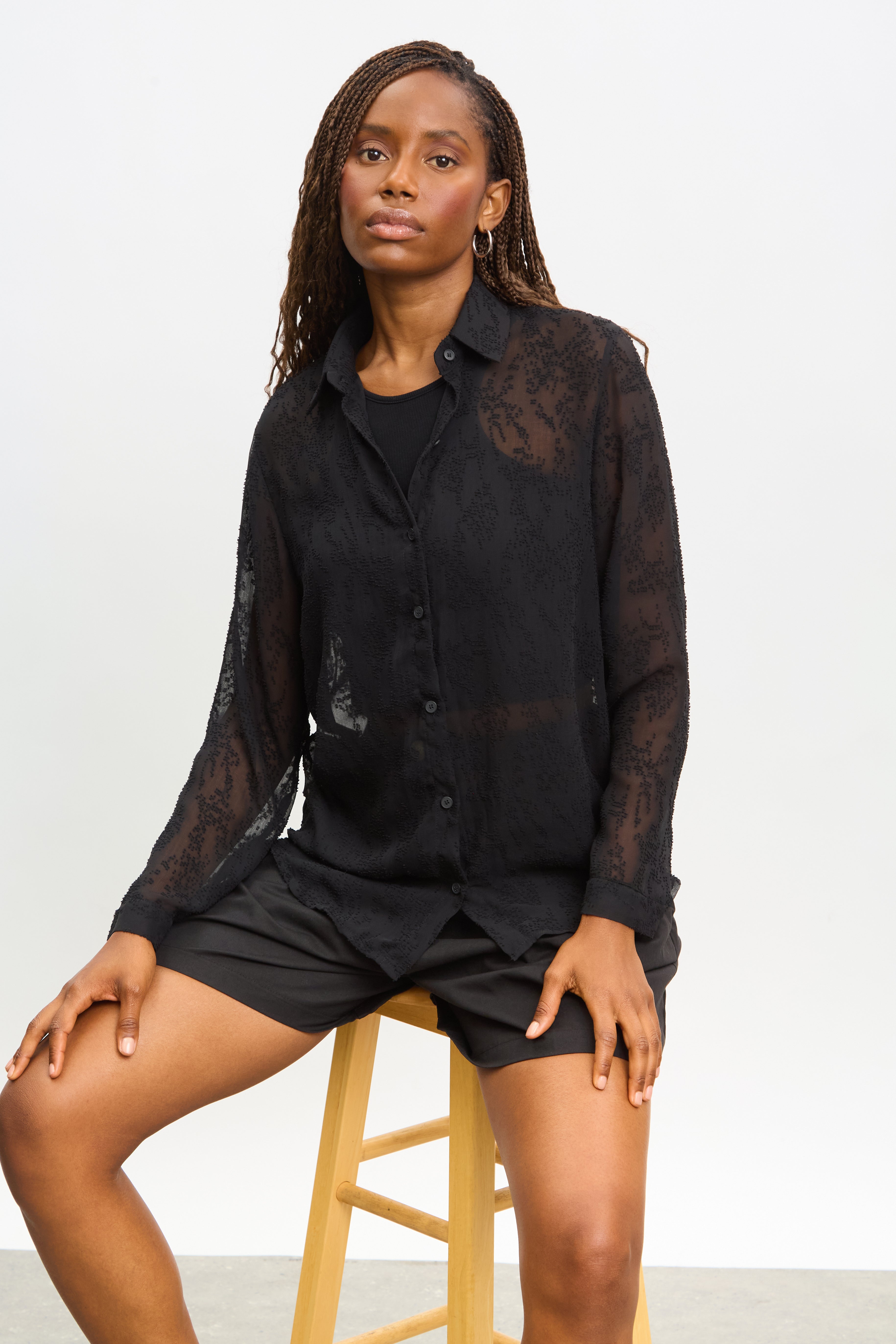 Black textured sheer shirt blouse_5