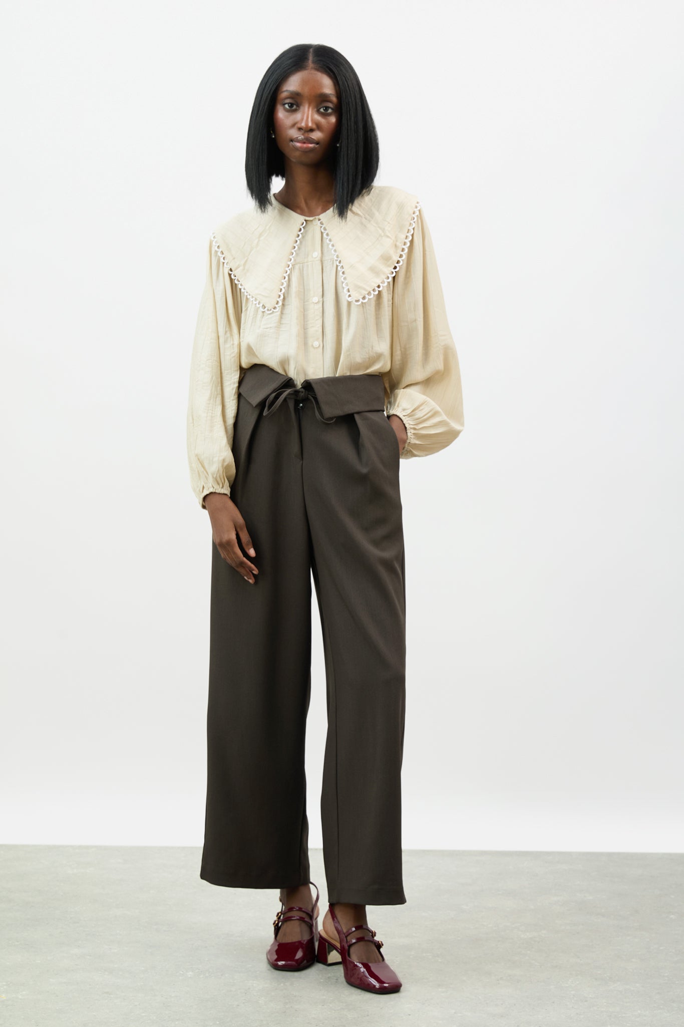 Black tie waist smart pleated trousers_4