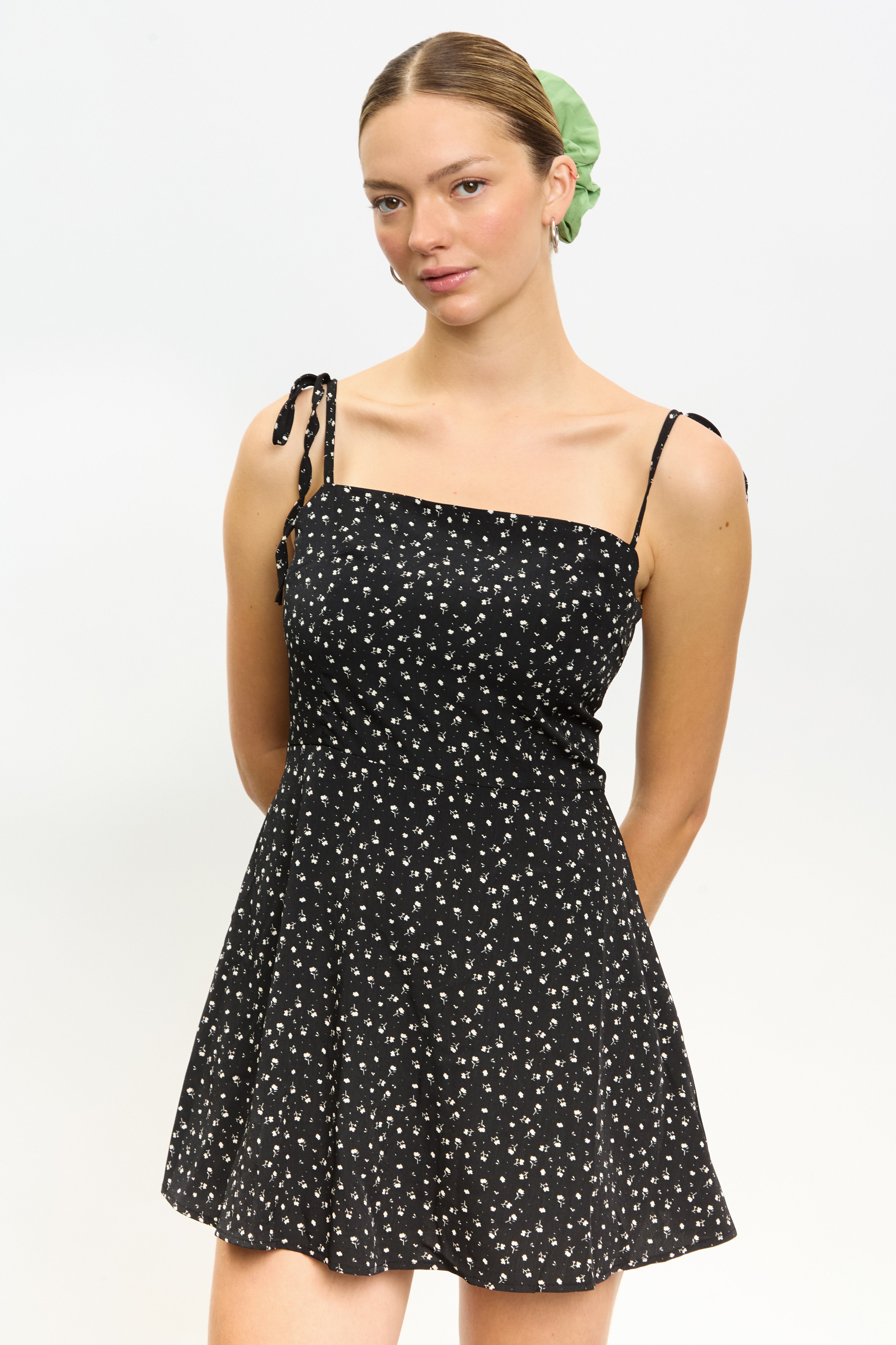 Black tiny floral print tie strap mini dress_3