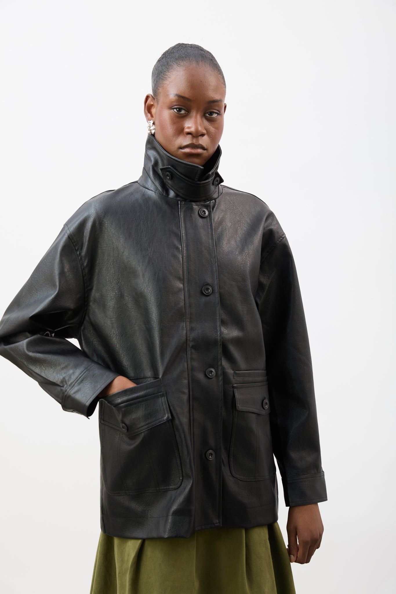 Black vegan leather large pocket jacket_2