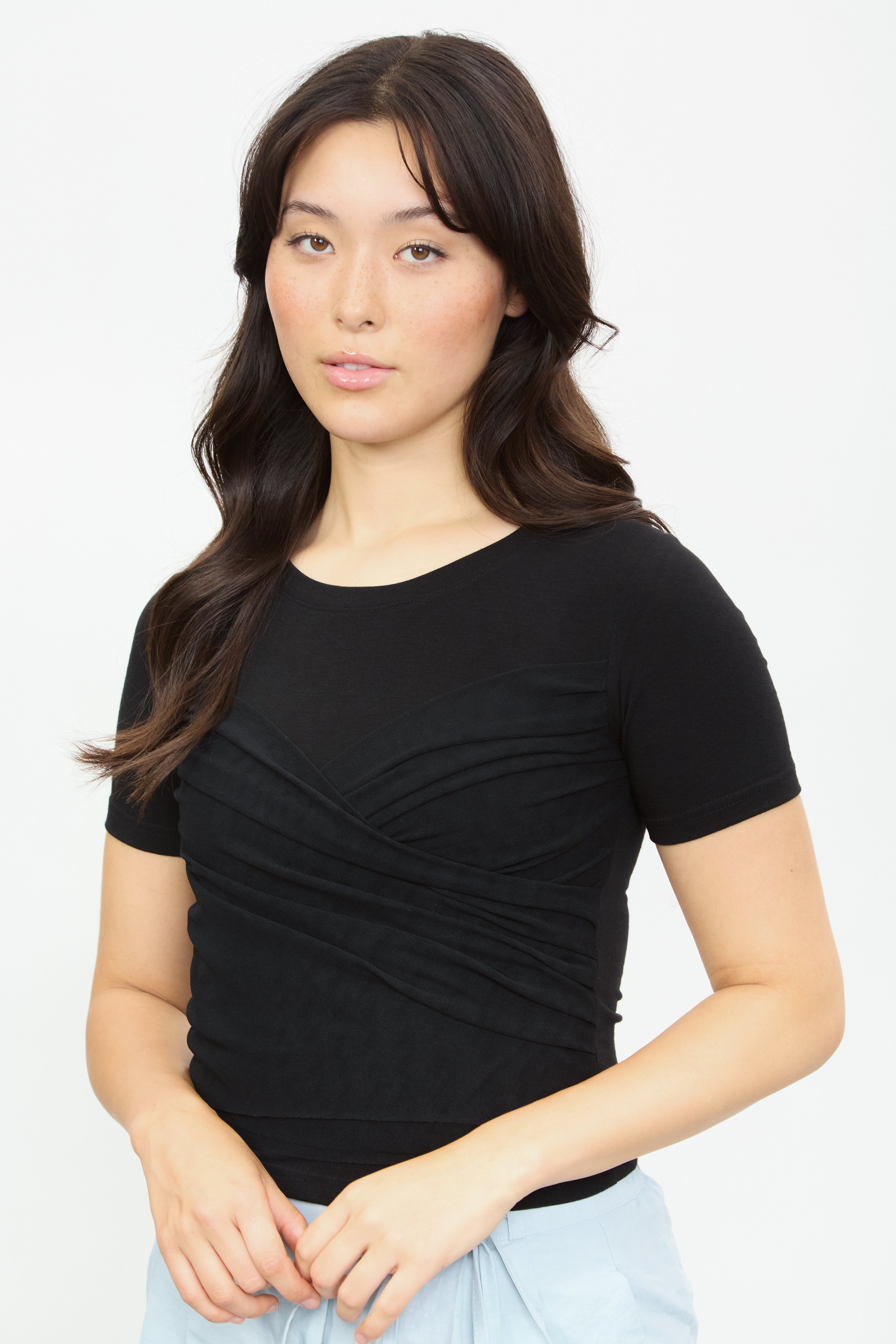 Black wrap front short sleeve top_1