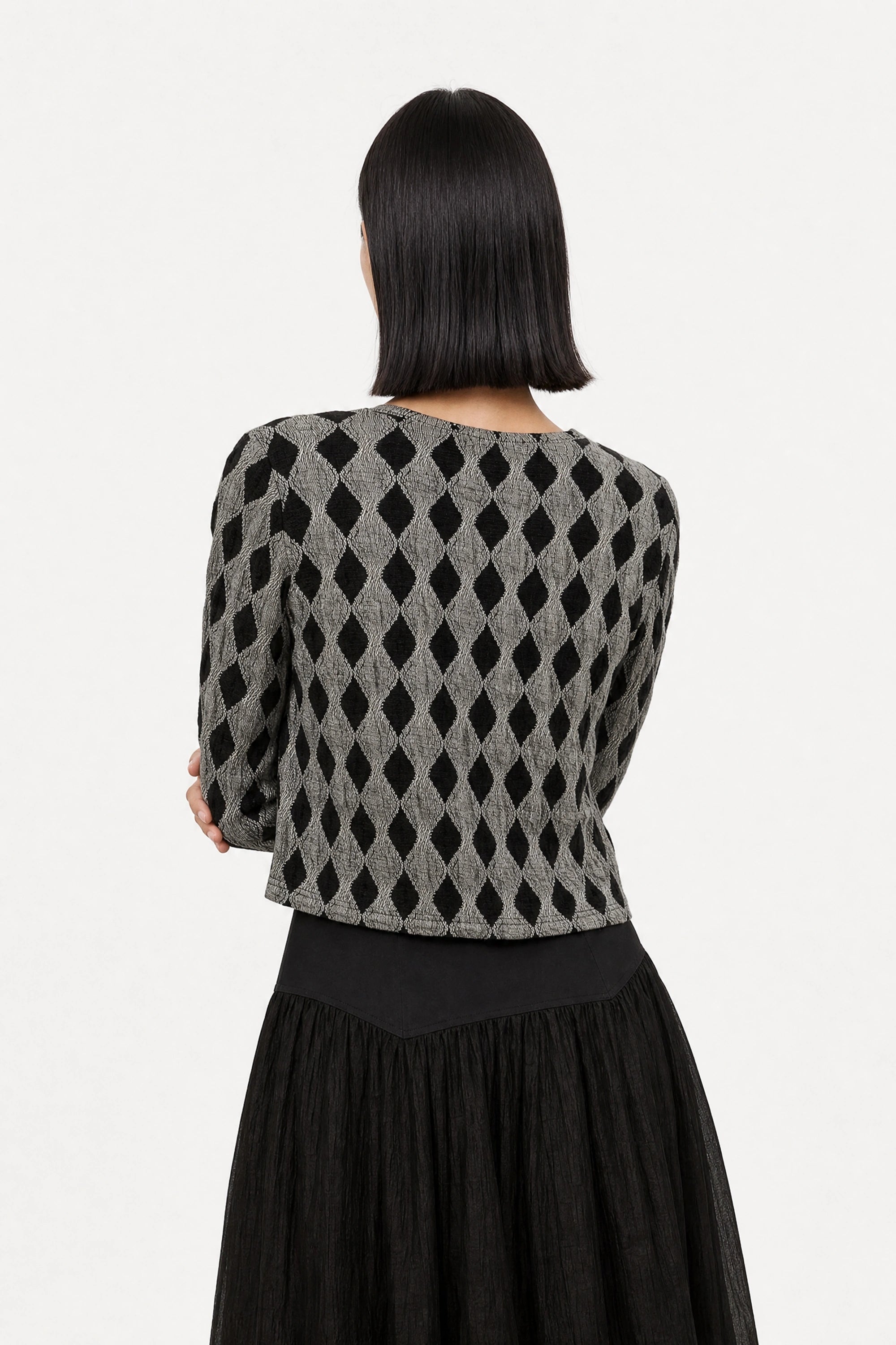 Black and grey diamond pattern button up top_4