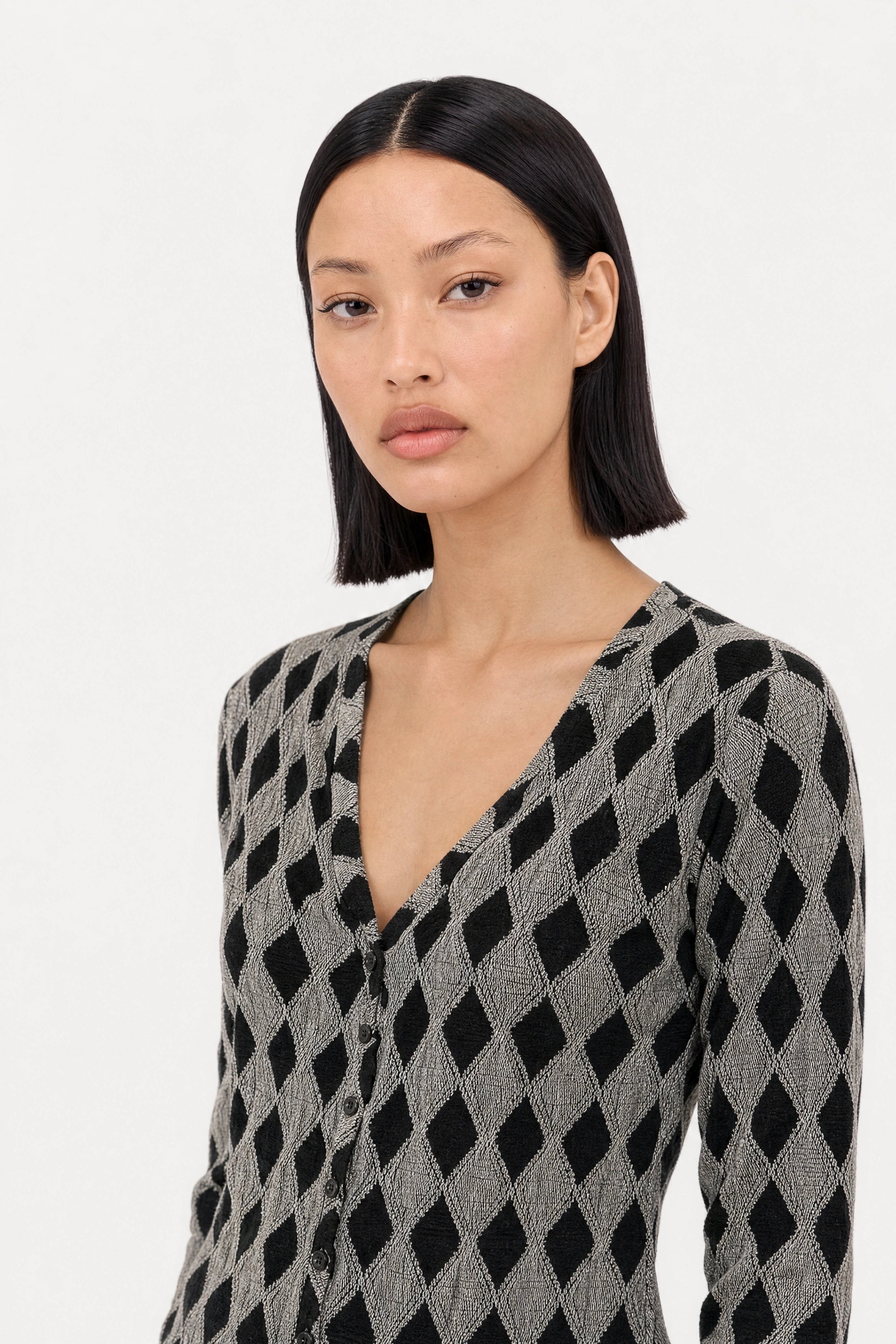 Black and grey diamond pattern button up top_5