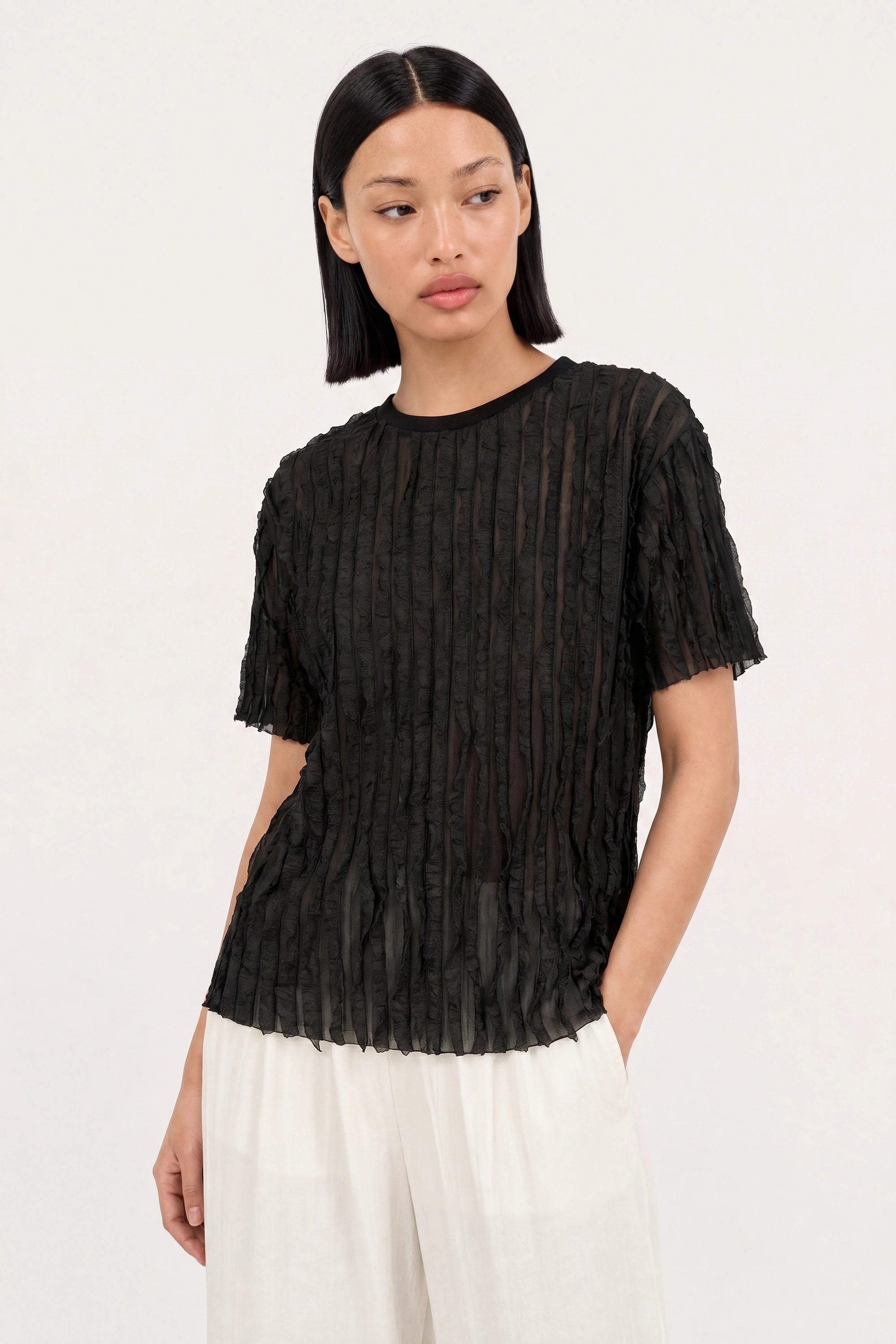 Black floaty sheer strips short sleeve top_3