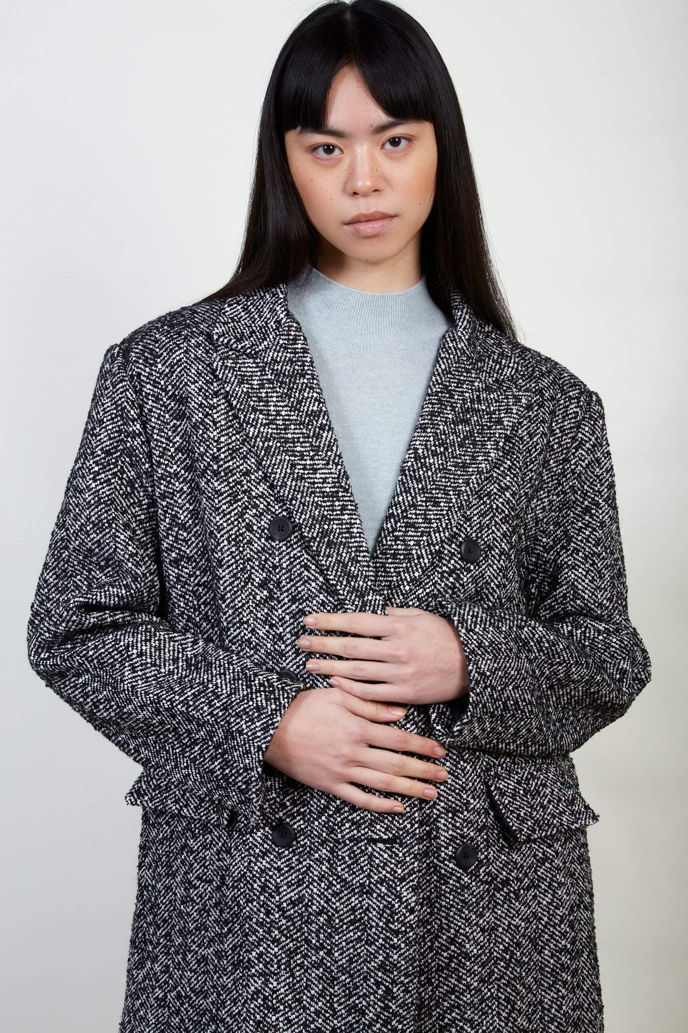Black and white herringbone wool blend coat_2