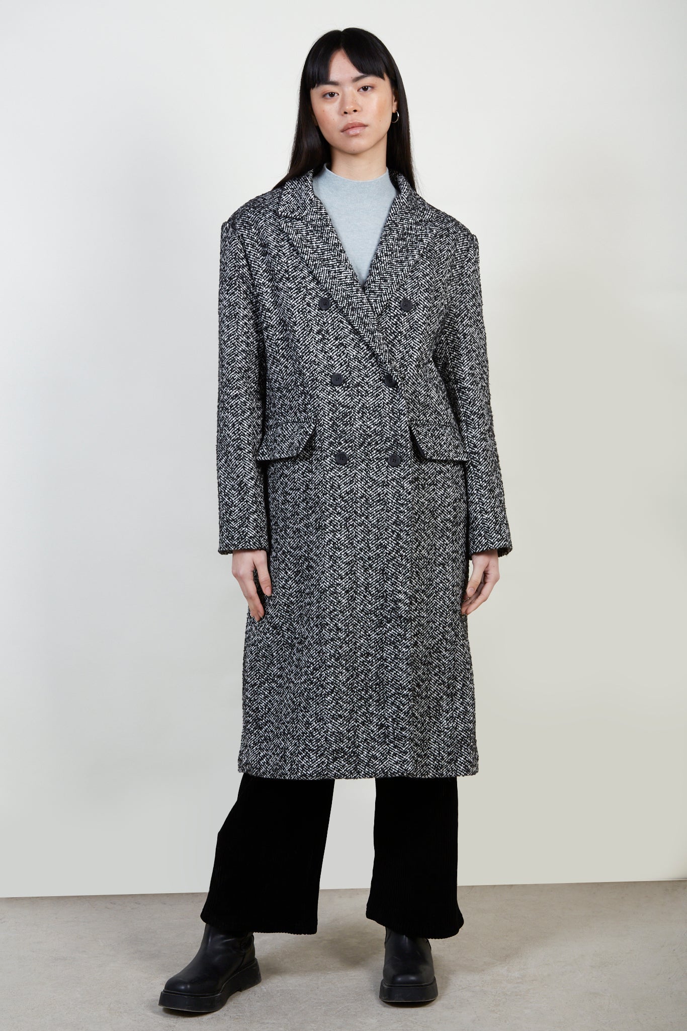 Black and white herringbone wool blend coat_5