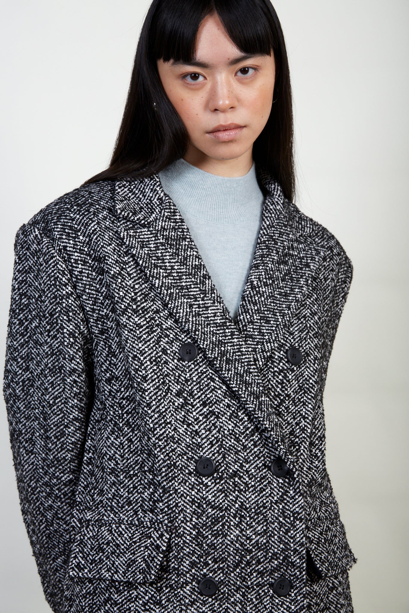 Black and white herringbone wool blend coat_6