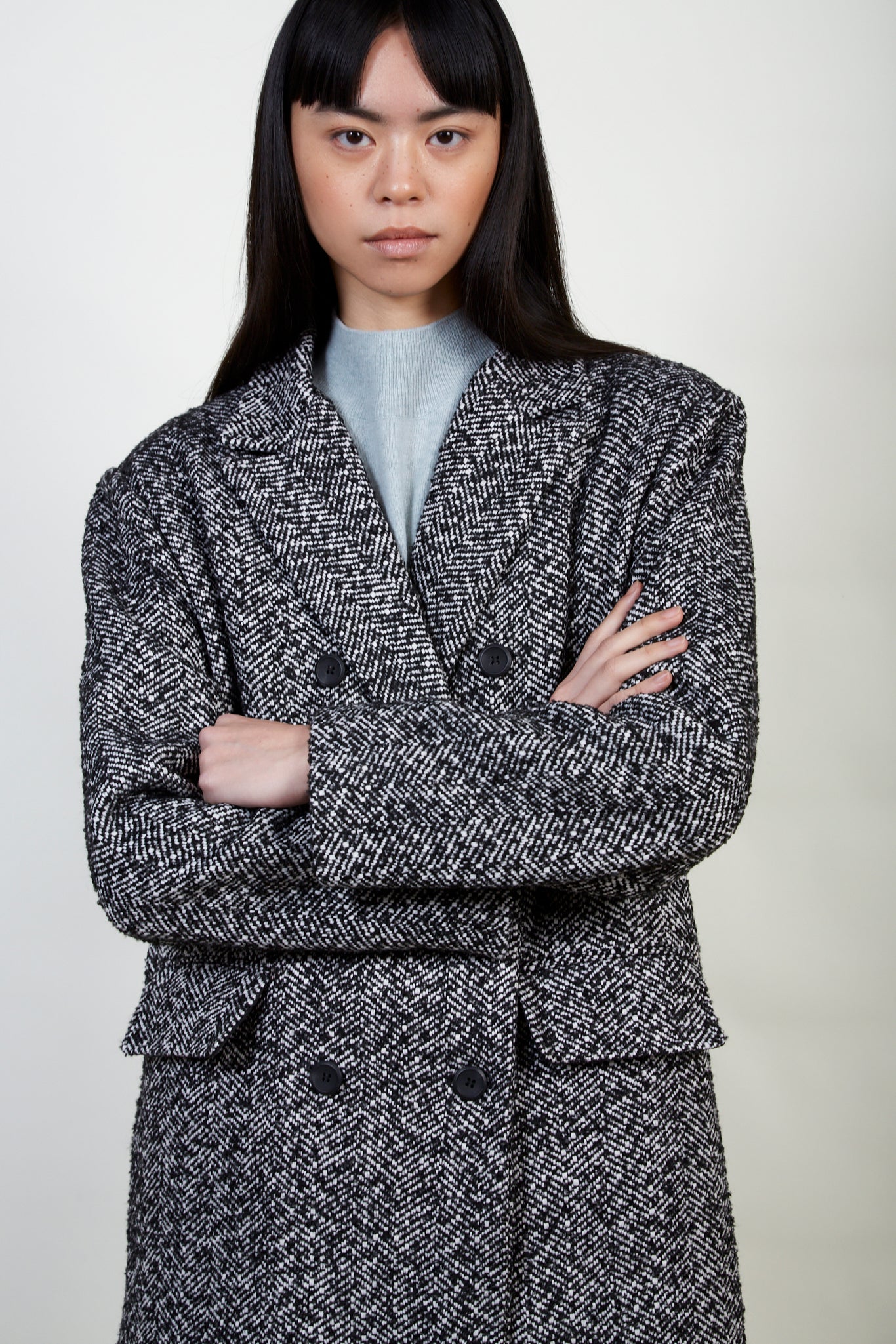 Black and white herringbone wool blend coat_7