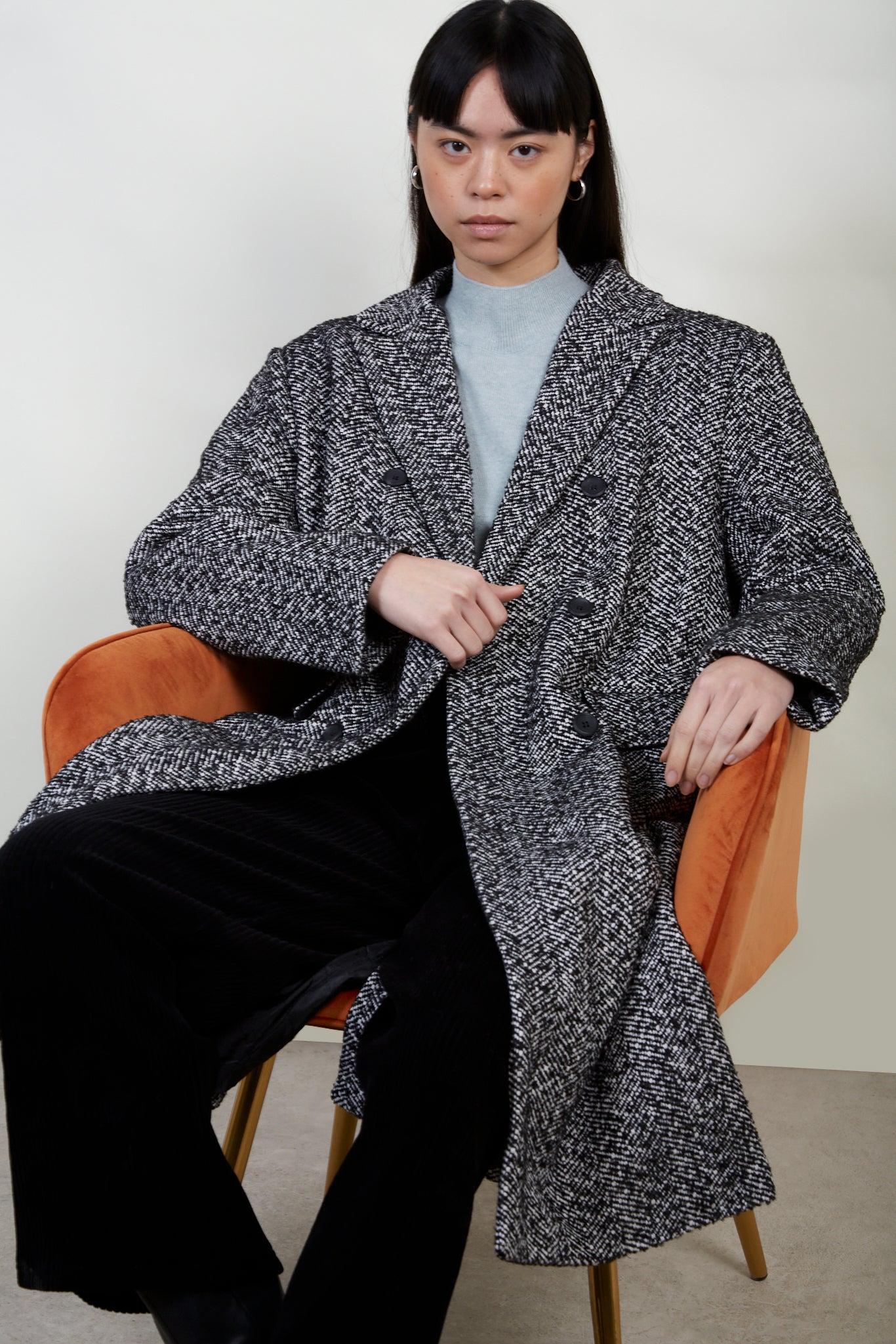 Black and white herringbone wool blend coat_8