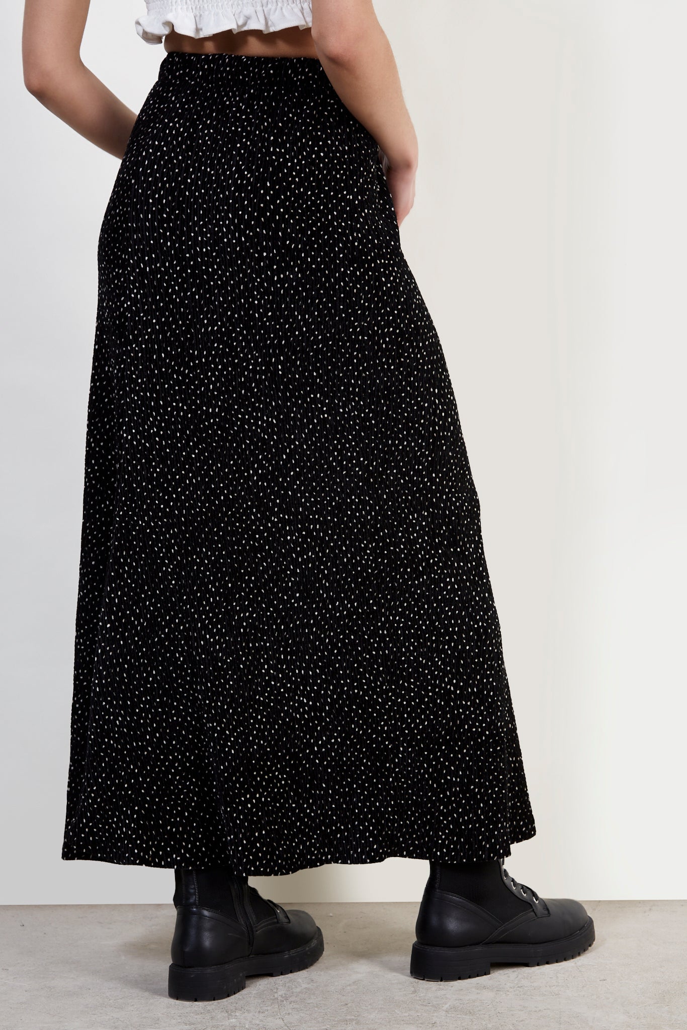 Black and white polka dot ribbed velvet maxi skirt_3