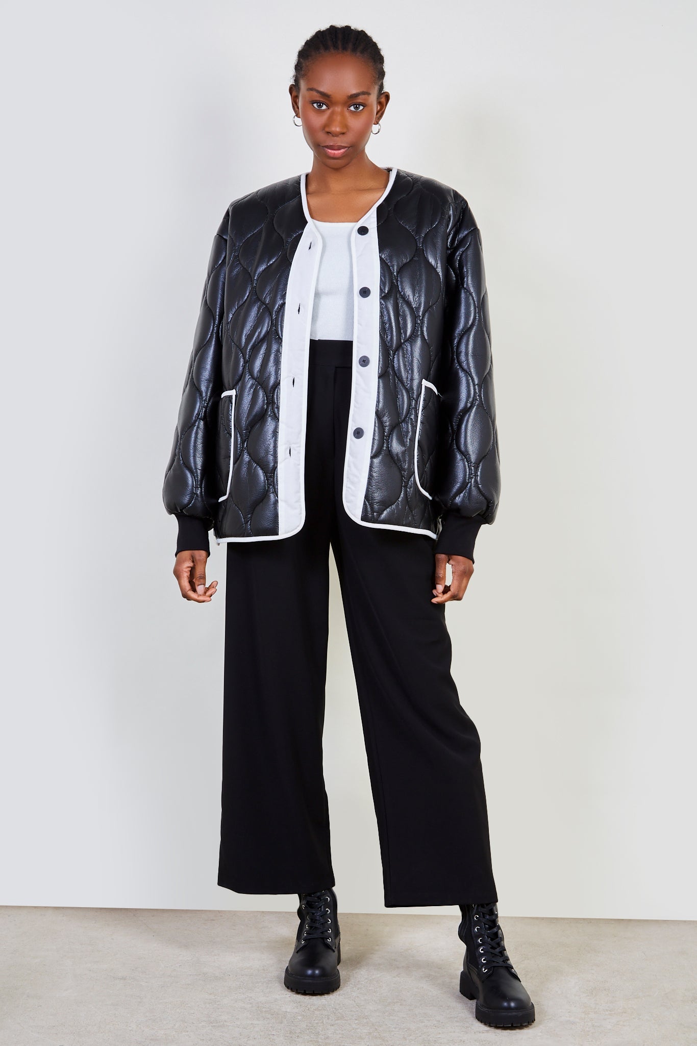 Black and white vegan leather wave stitch coat_3