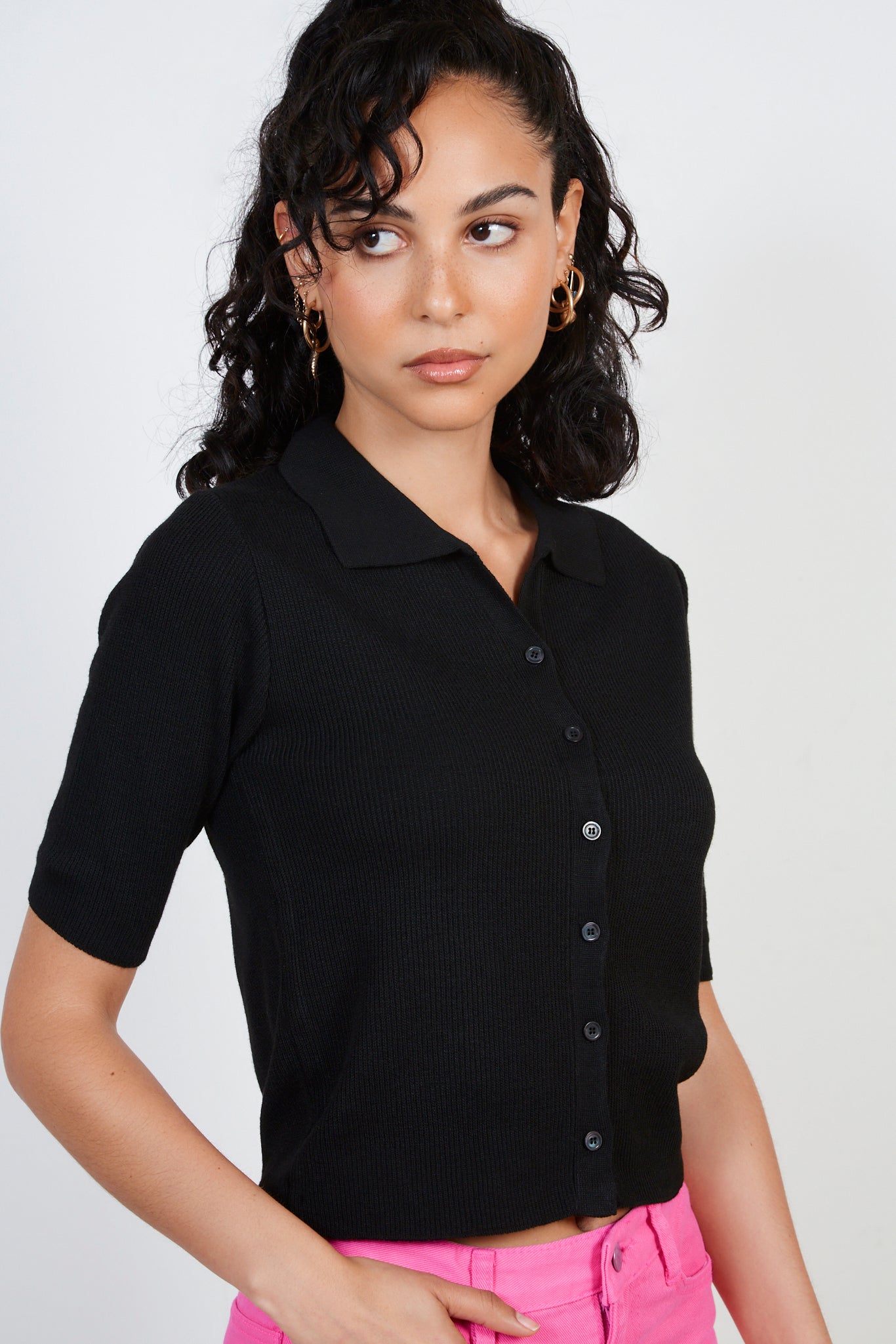 Black bamboo blend button front knit tee_1