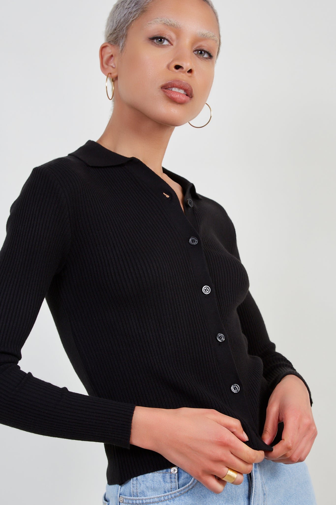 Black button front polo knit top_2