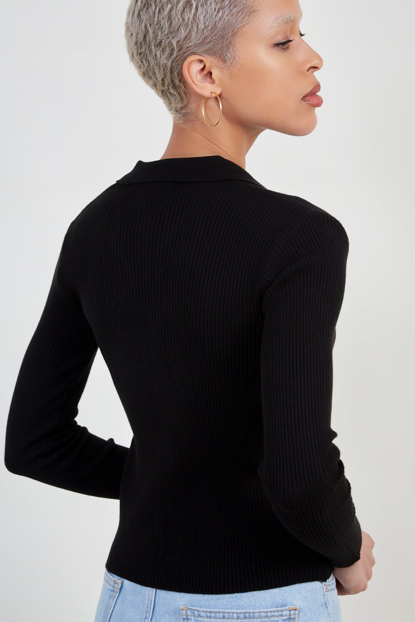 Black button front polo knit top_5