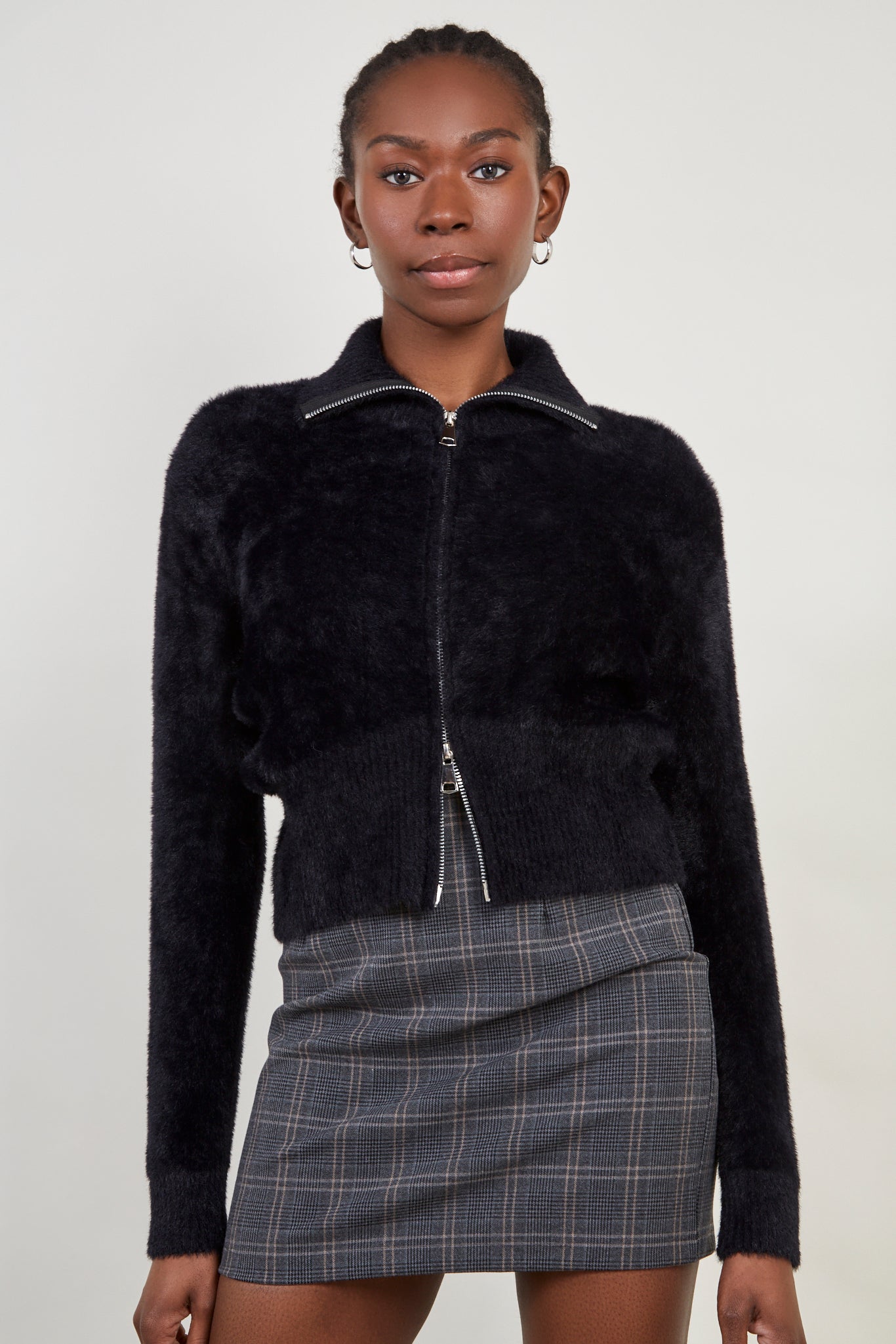 Black fuzzy mock neck zip cardigan_1