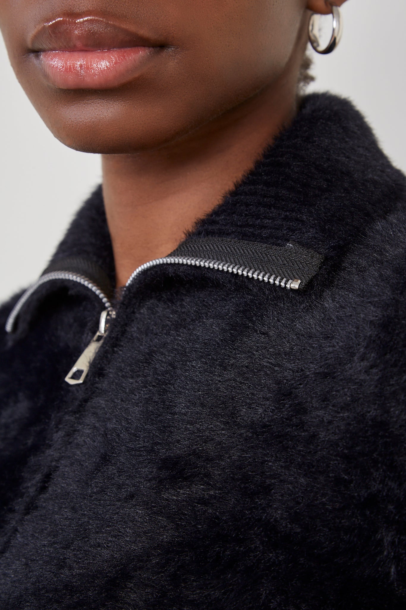 Black fuzzy mock neck zip cardigan_4