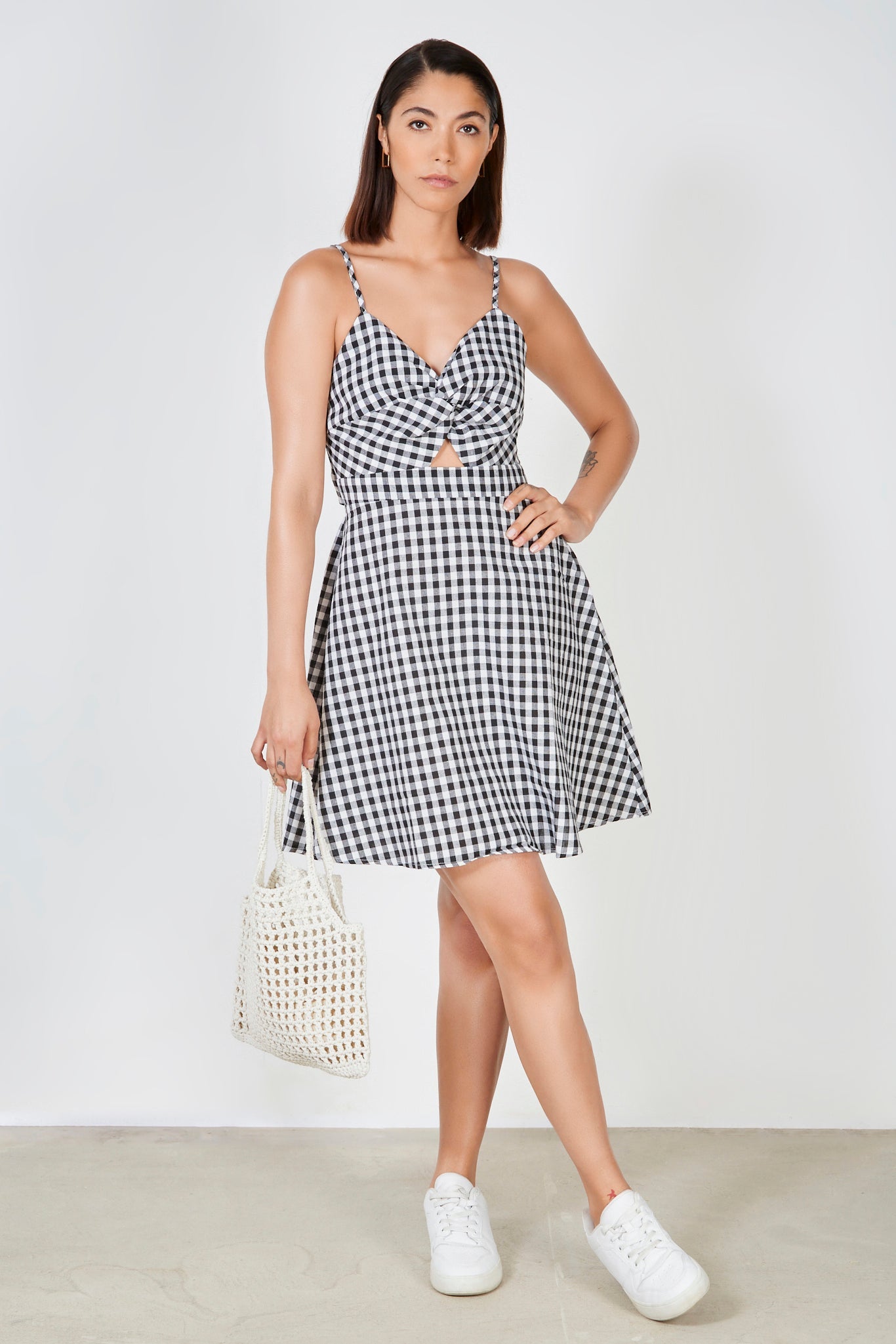 Black gingham tie back mini dress_3