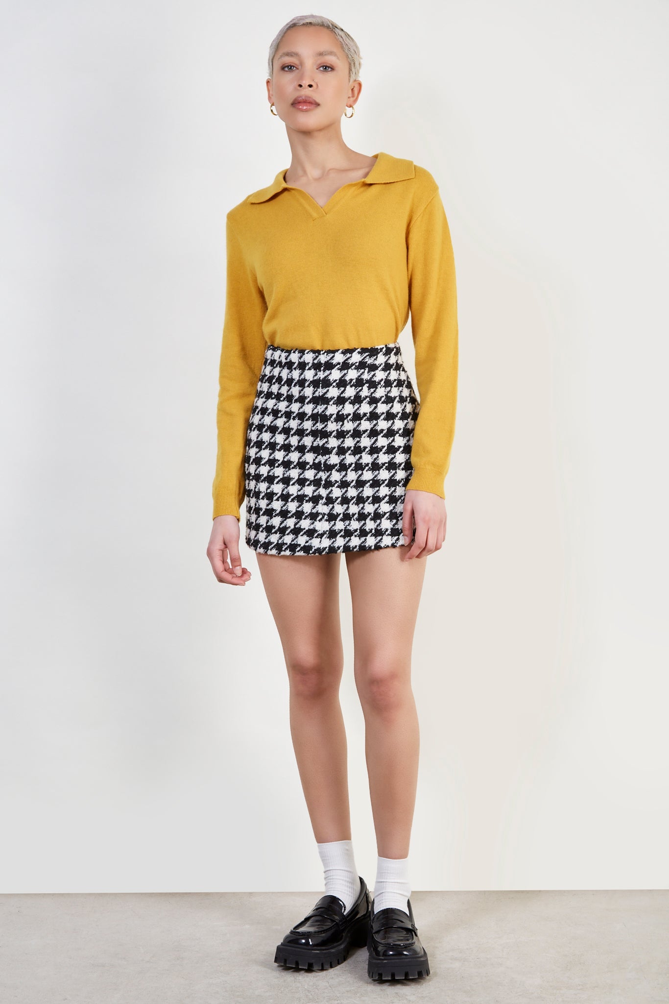Black houndstooth check wool blend skirt_2