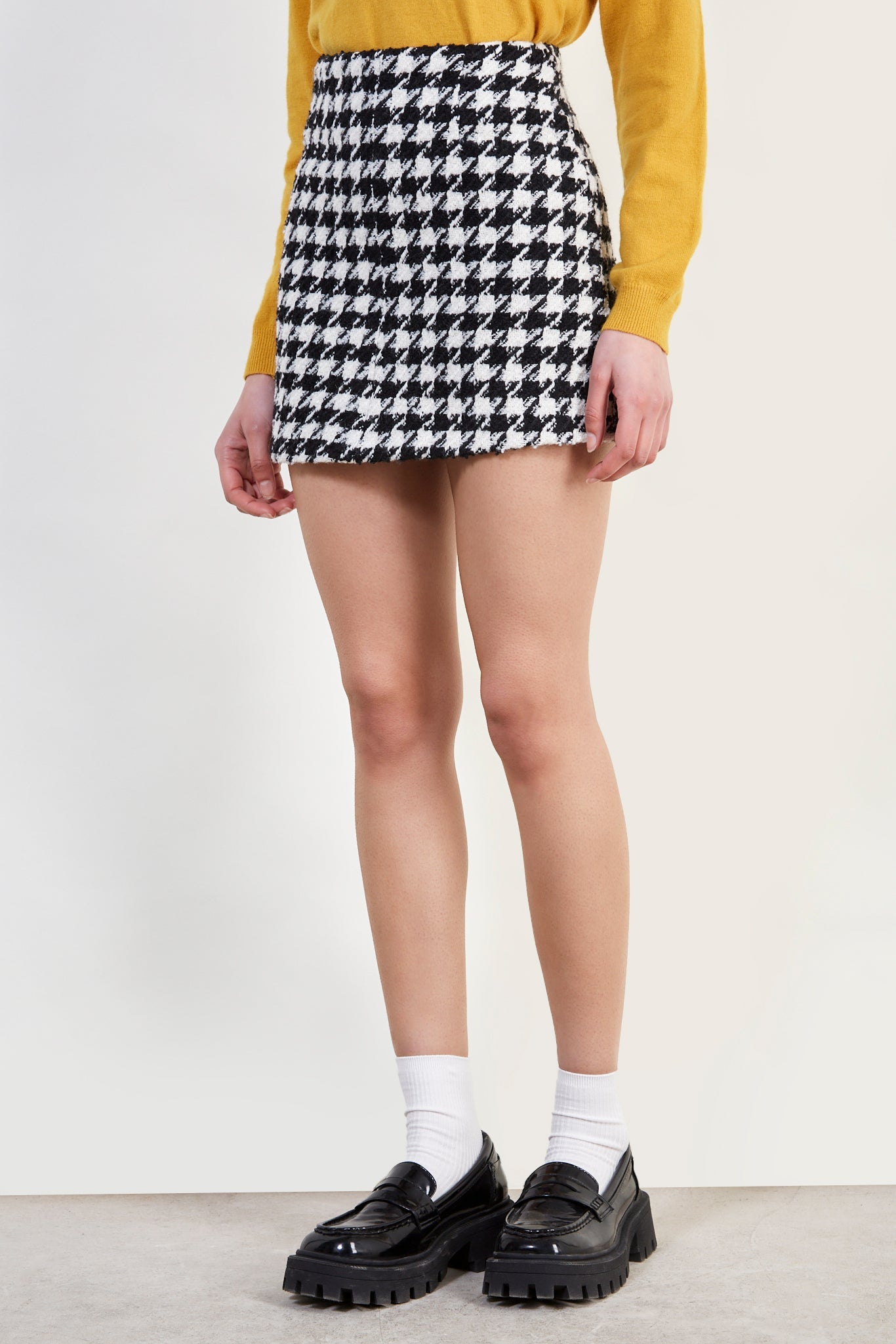 Black houndstooth check wool blend skirt_1