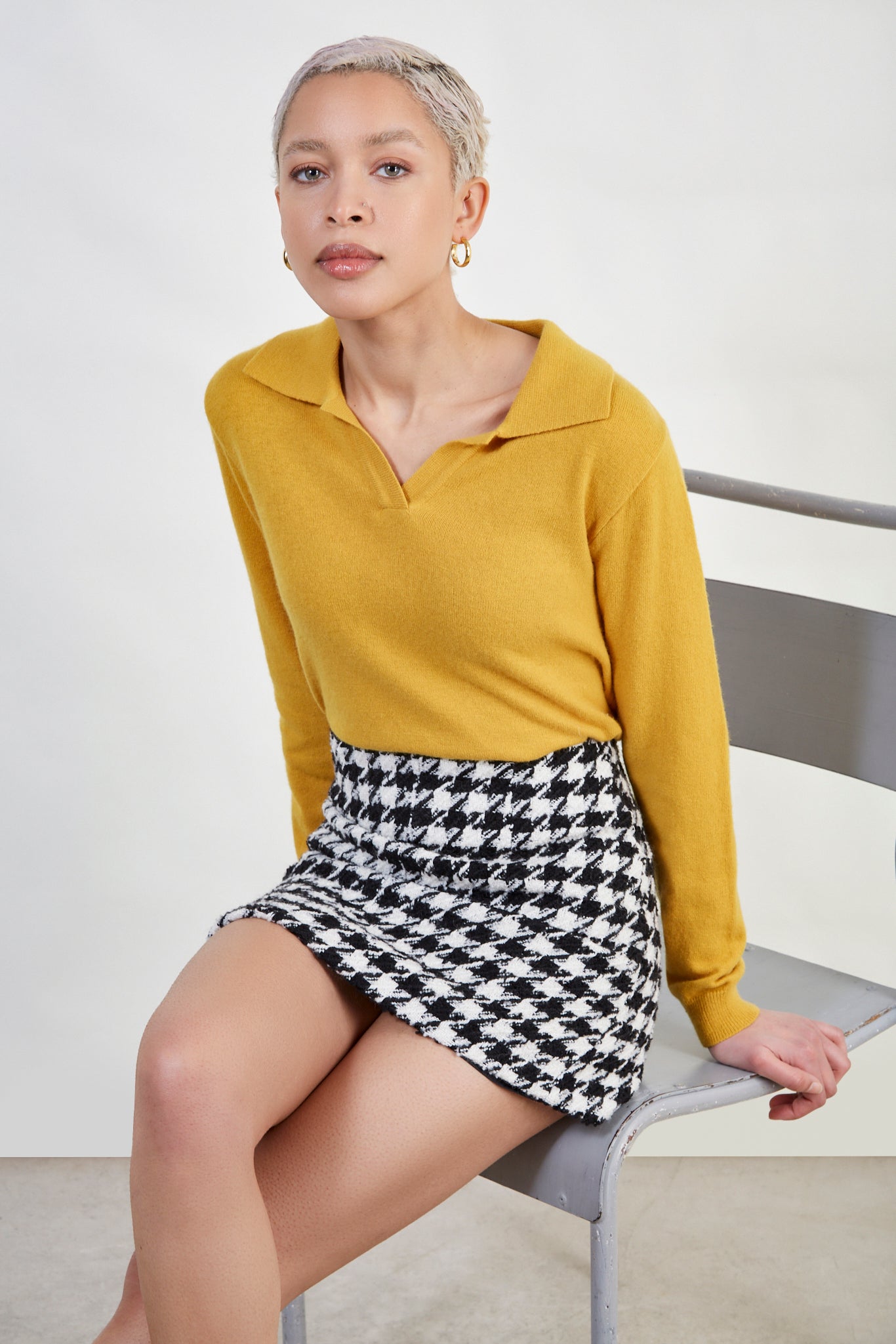 Black houndstooth check wool blend skirt_5