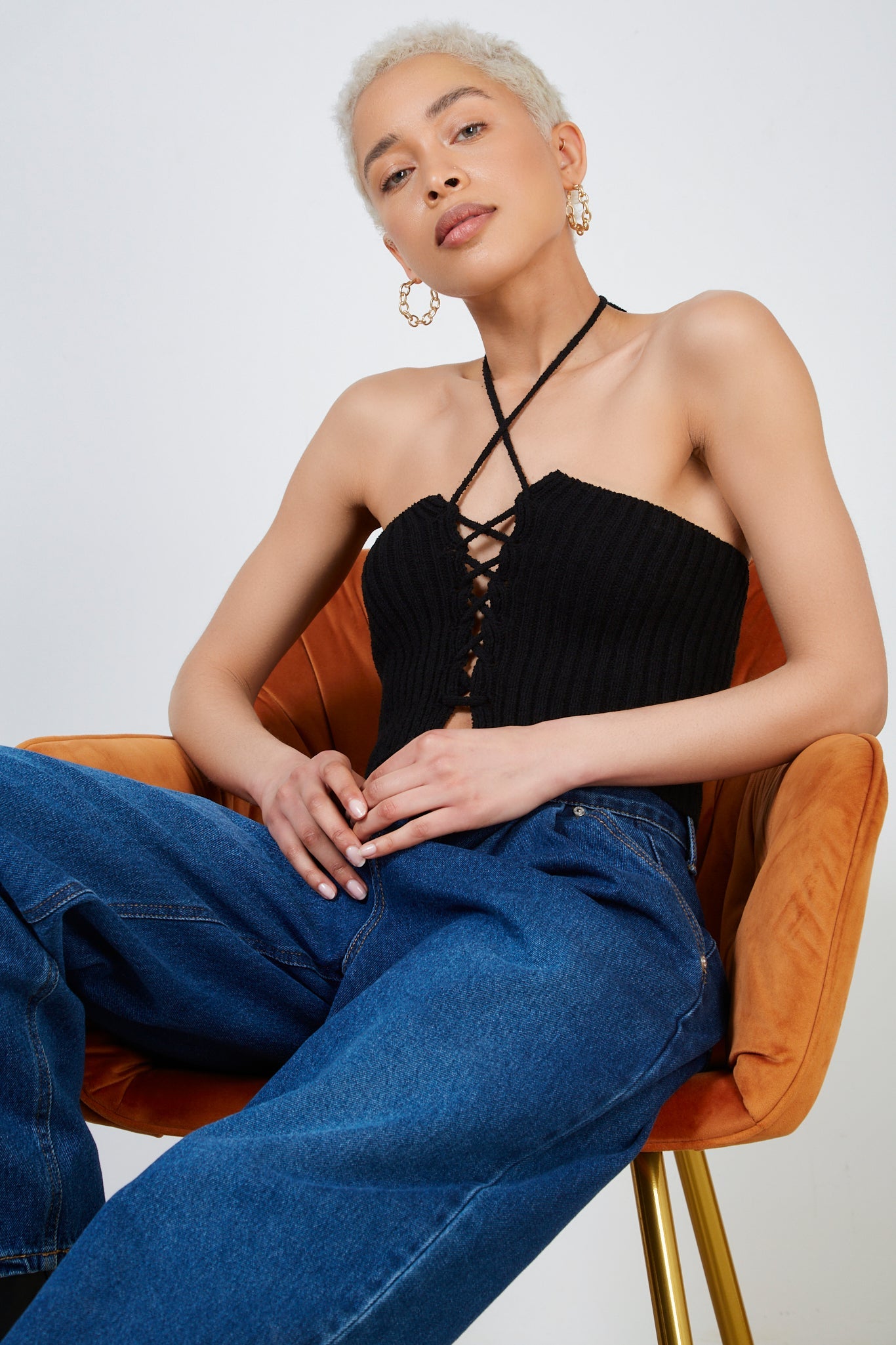 Black knit lace up strapless top_5