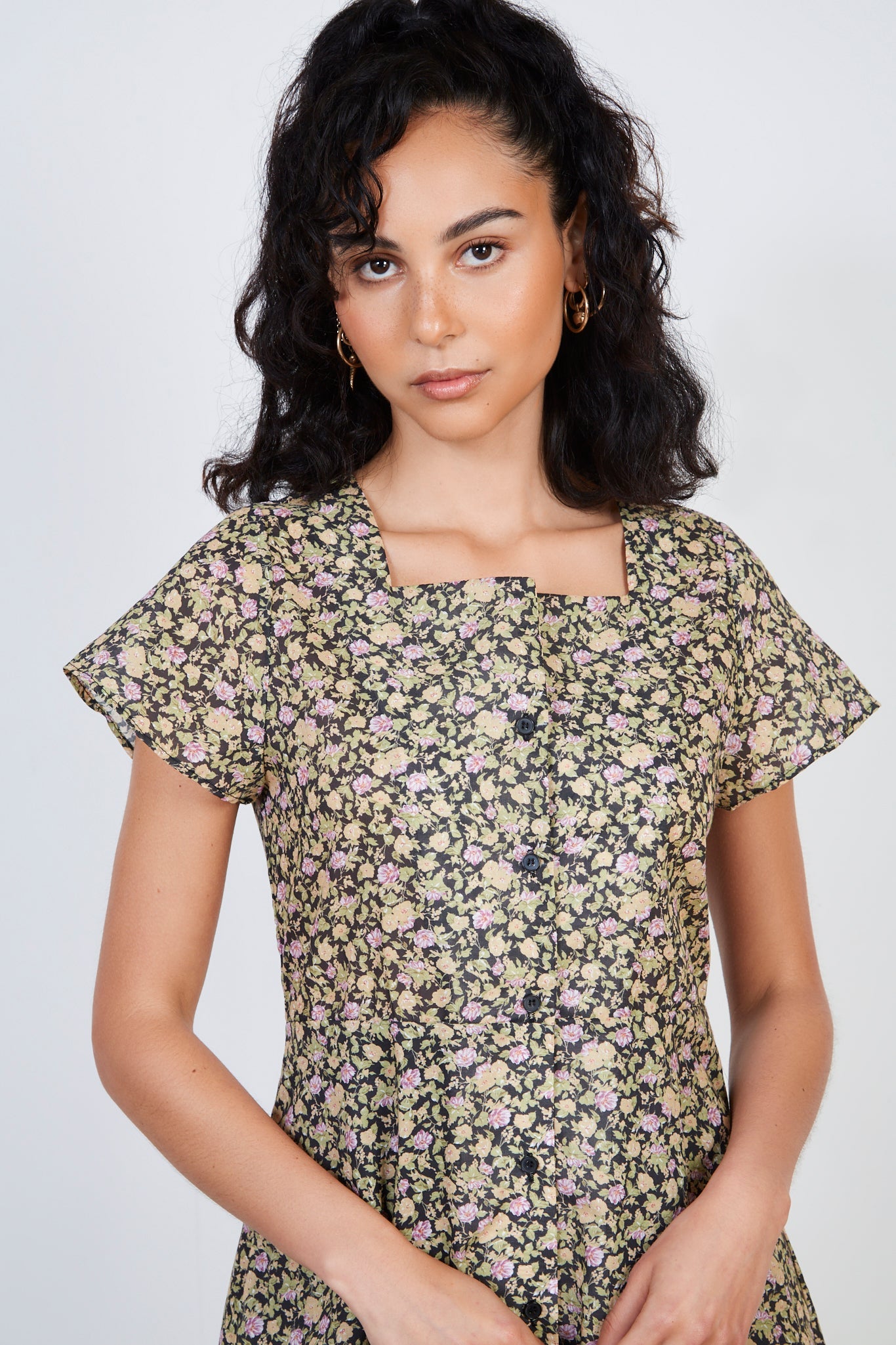 Black lilac and yellow floral print button front dress_3