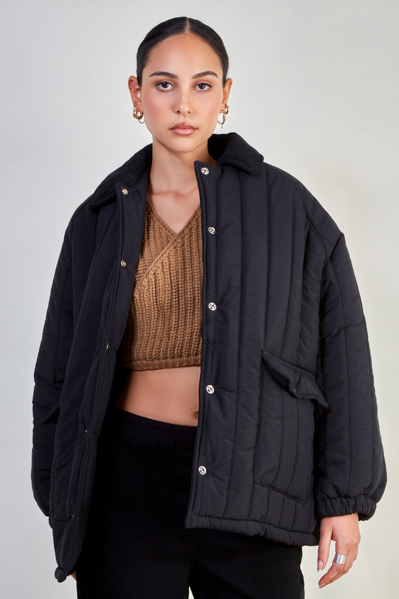 Black lined quilt corduroy collar coat_2