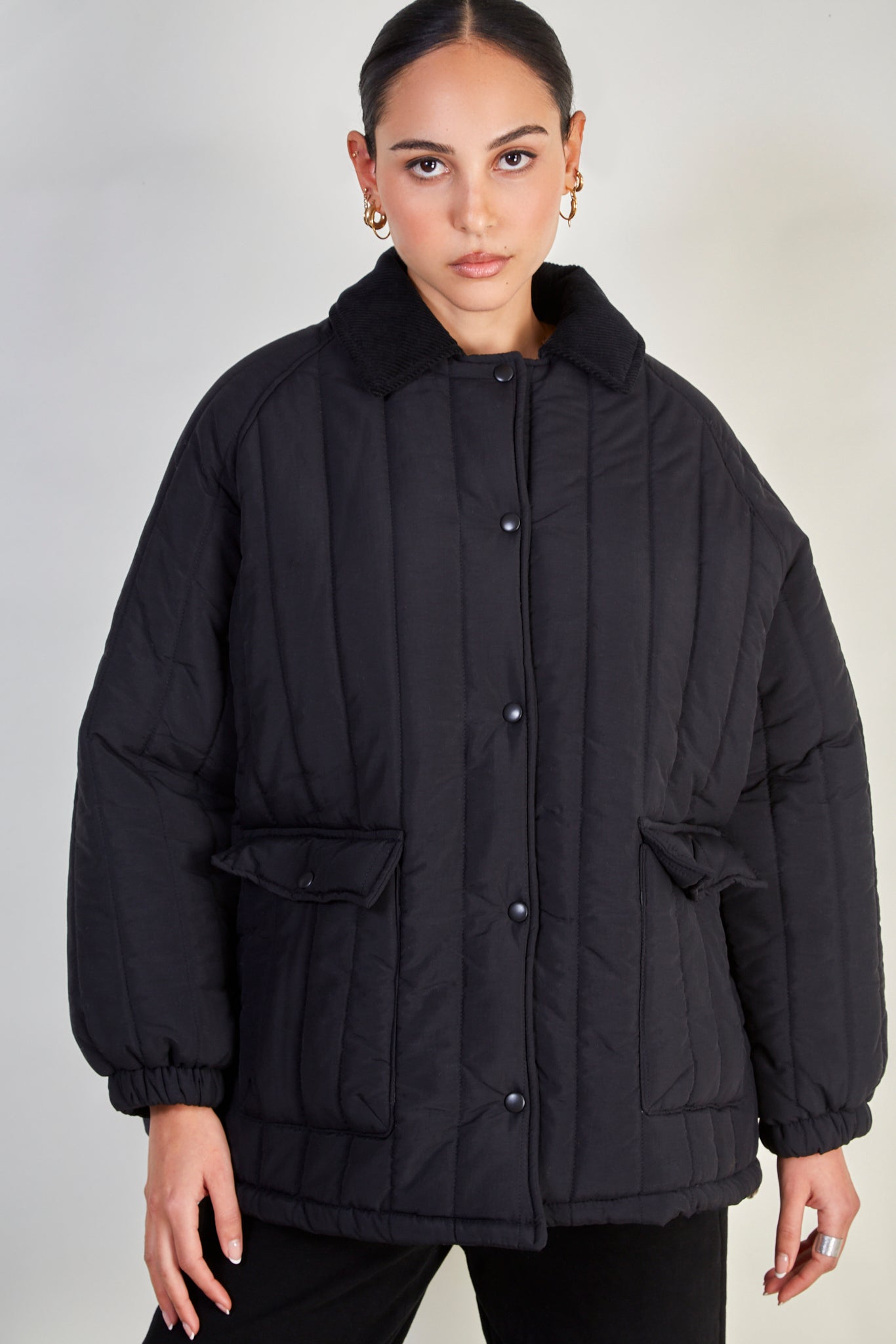 Black lined quilt corduroy collar coat_1
