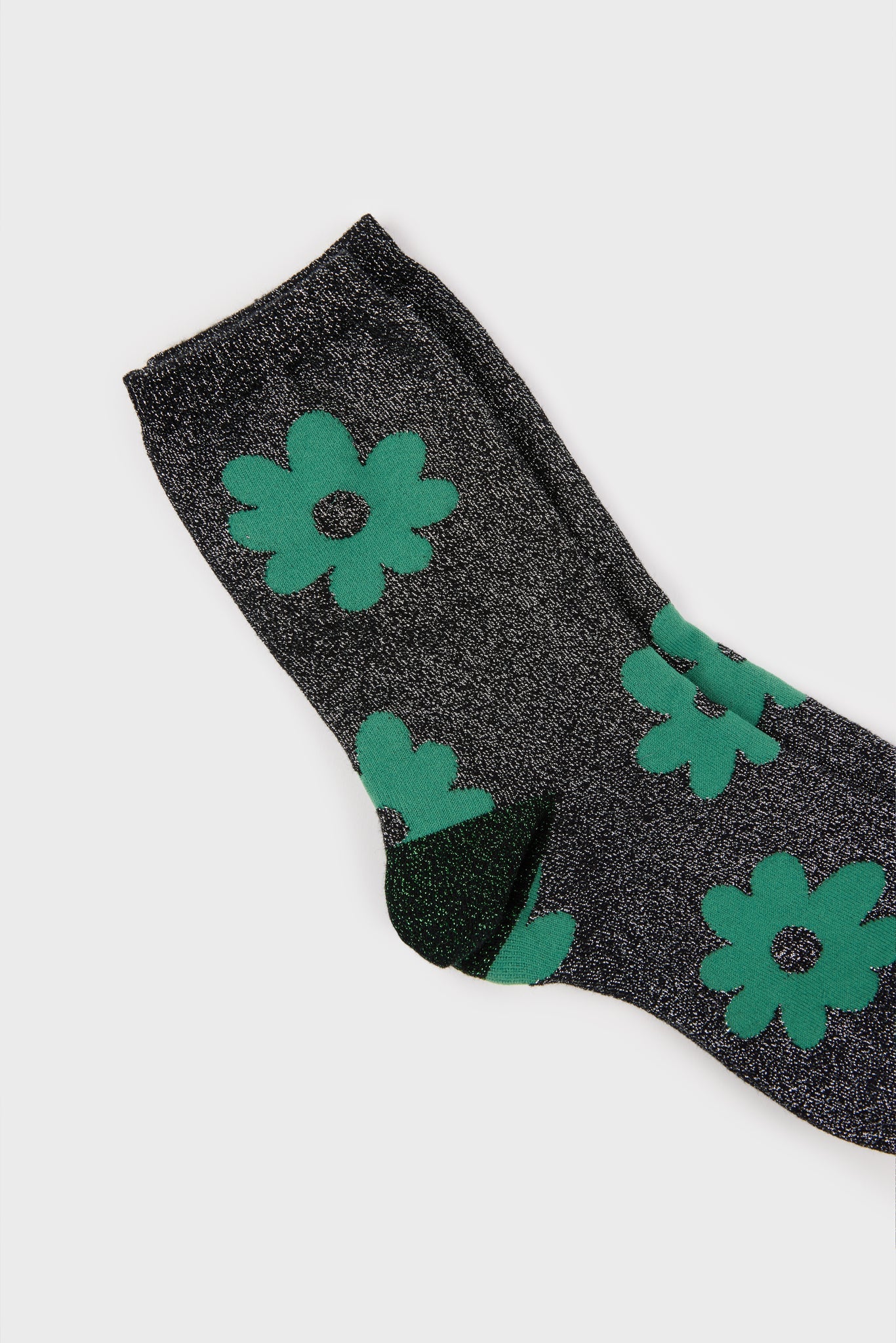 Black metallic green giant floral socks_3